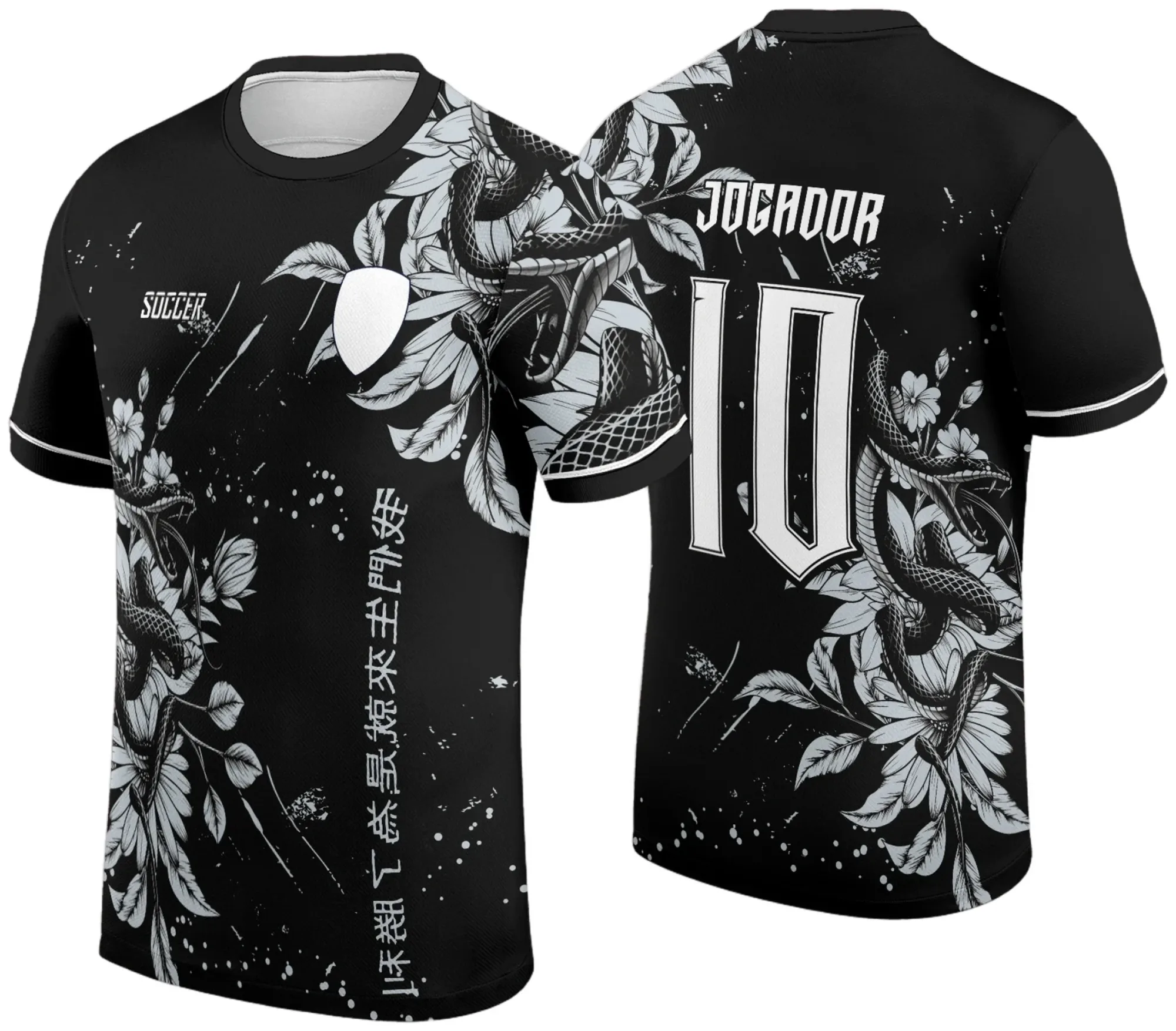 Camiseta unissex preta com logo no peito e estampa grande nas costas, tema Camisa de Interclasse 2024-2025 Cobra modelo 3, estilo moderno e esportivo.