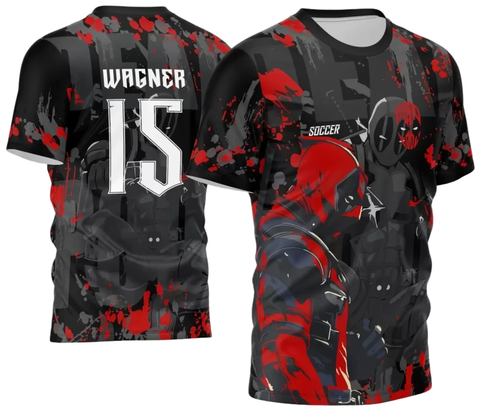 Camiseta unissex preta com logo no peito e estampa grande nas costas do personagem Deadpool para a Interclasse 2024 2025, mostrando estilo e atitude marcante.