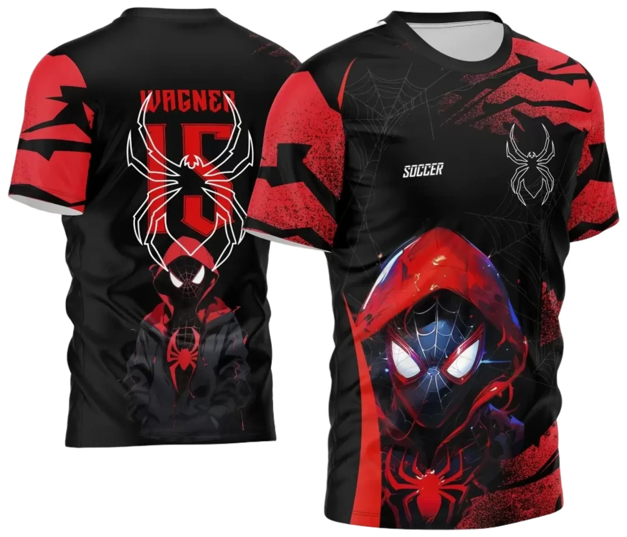 Camiseta unissex preta com logo no peito e estampa grande nas costas, inspirada no tema Camisa de Interclasse 2024 2025 Aranha, perfeita para eventos e competições.