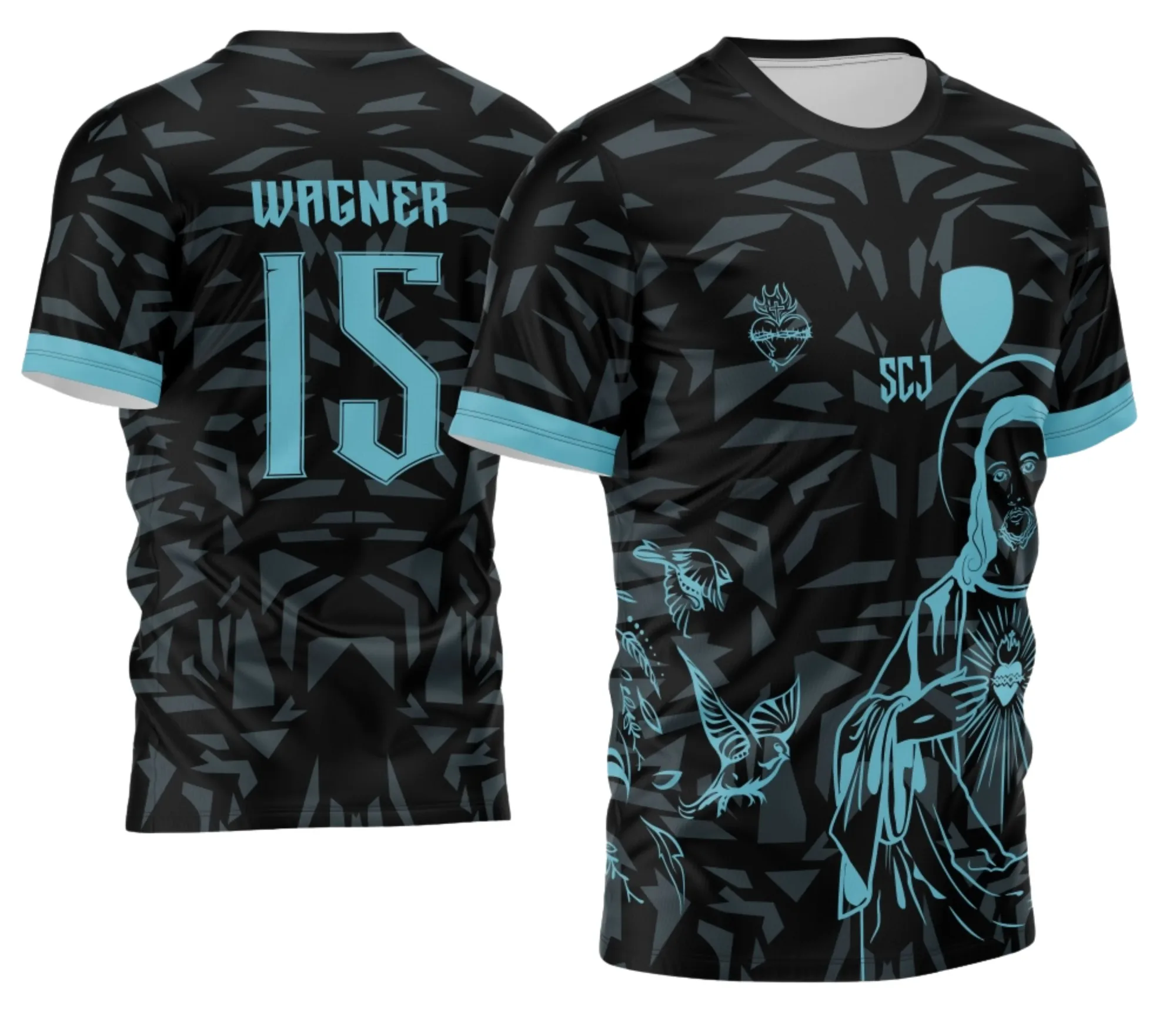 Camiseta unissex preta com logo no peito e estampa grande nas costas do tema Jesus para Interclasse 2024 - 2025, design moderno e confortável.