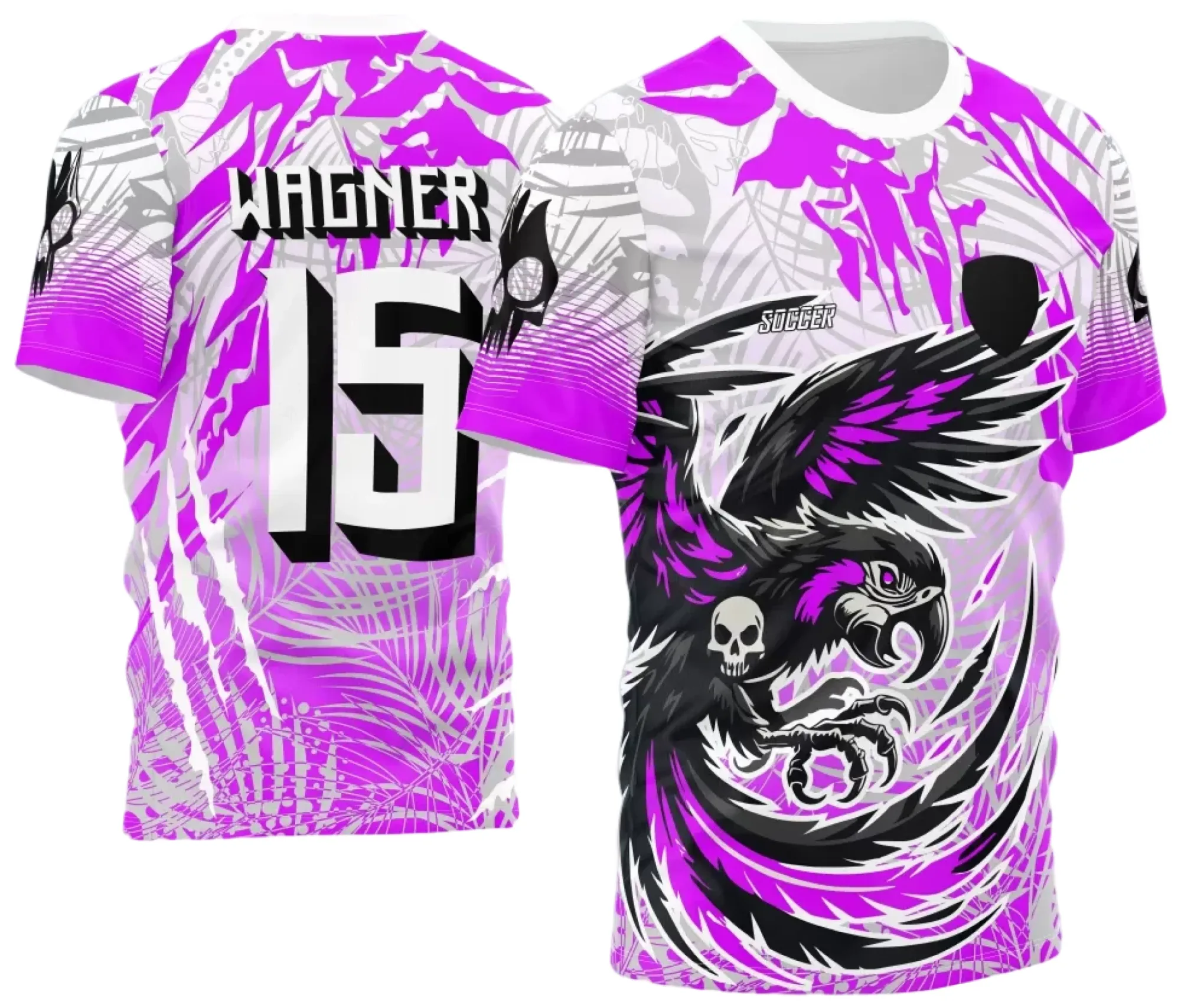 Camiseta unissex preta com logo no peito e estampa grande nas costas, temática Interclasse Arara Ataque 2024 2025, design moderno e vibrante para eventos escolares.