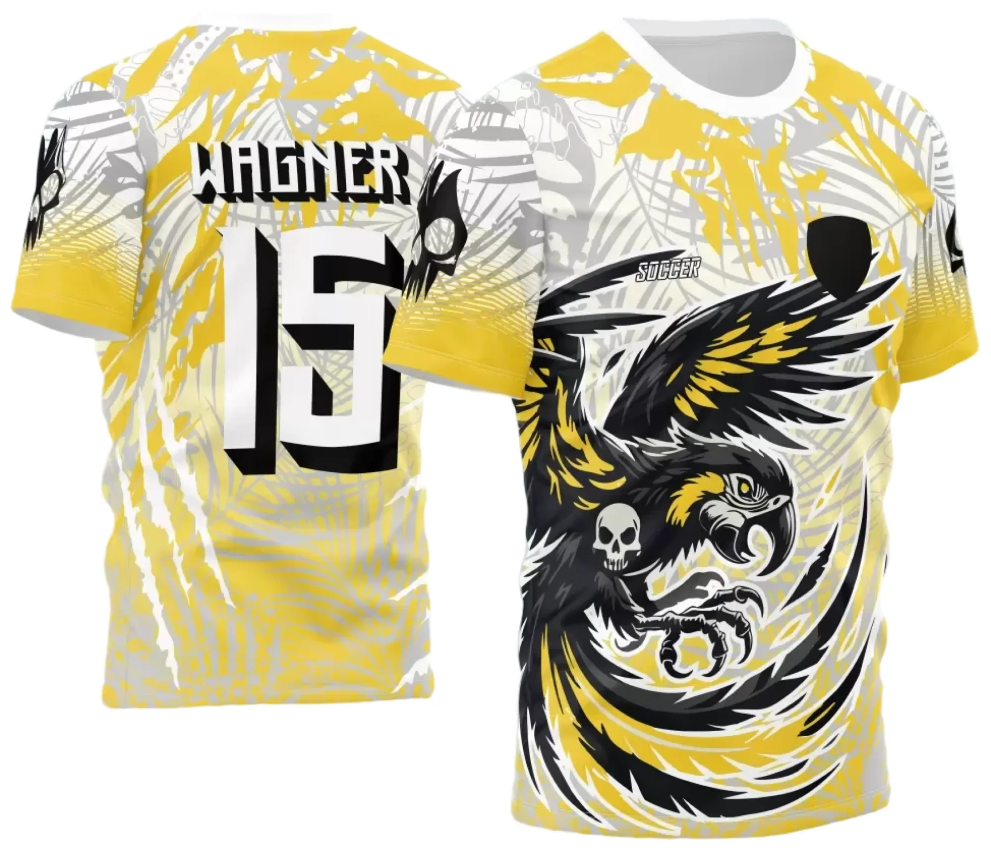 Camiseta unissex preta com logo no peito e estampa grande nas costas da Arara Ataque 2024-2025, perfeita para eventos interclasse com design moderno e impactante.