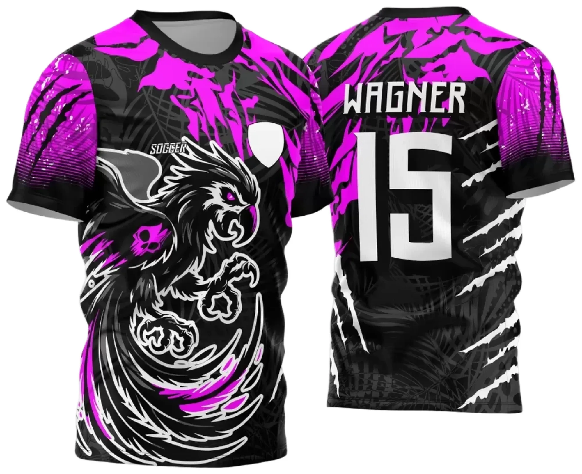 Camiseta unissex preta com logo no peito e estampa grande nas costas do Interclasse Arara 2024-2025 modelo 7, mostrando design moderno e impactante, perfeita para uso casual.