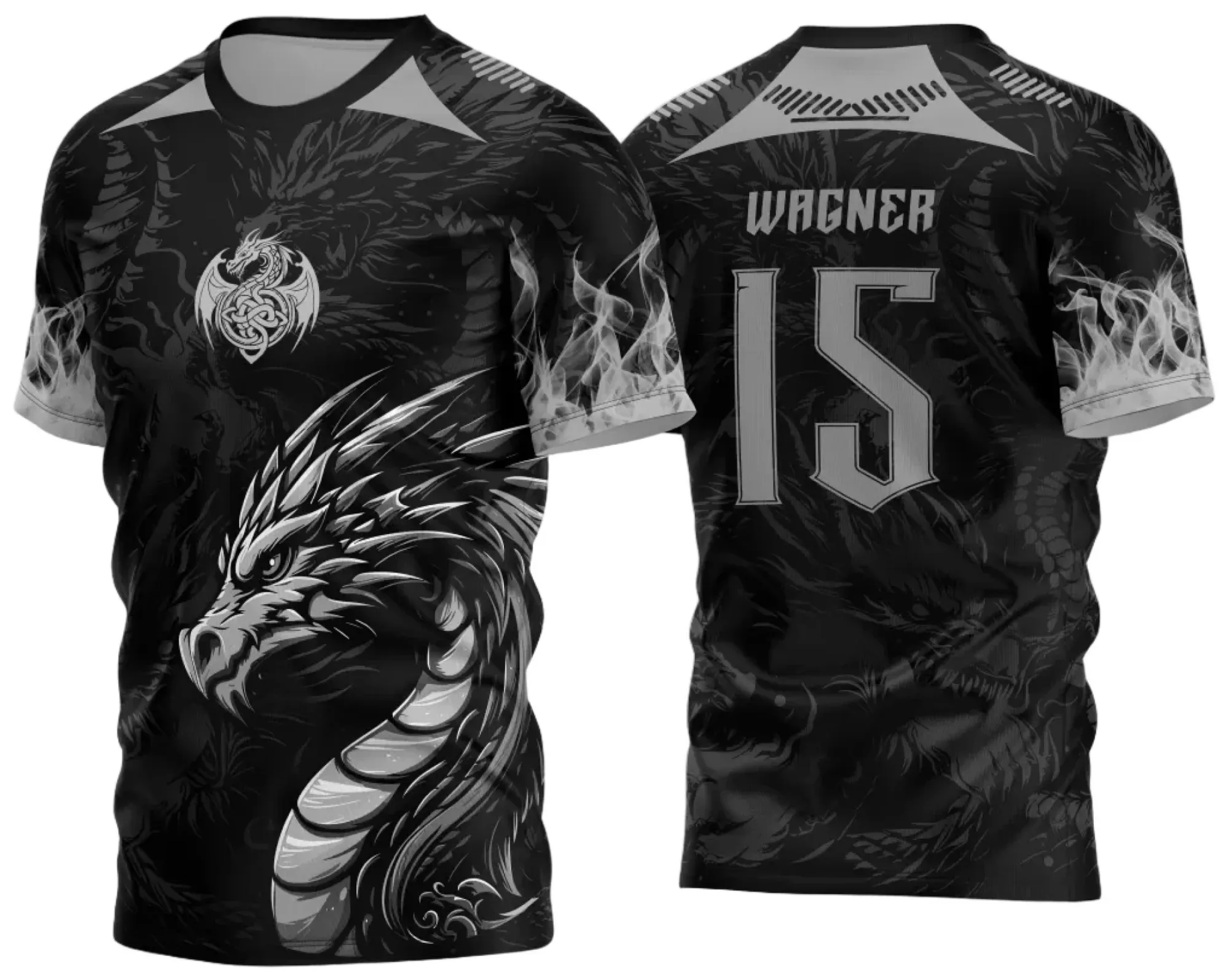 Camiseta unissex preta com logo no peito e estampa grande nas costas, inspirada na temática Interclasse Dragão Negro 2024 2025, perfeita para torcedores e eventos escolares.