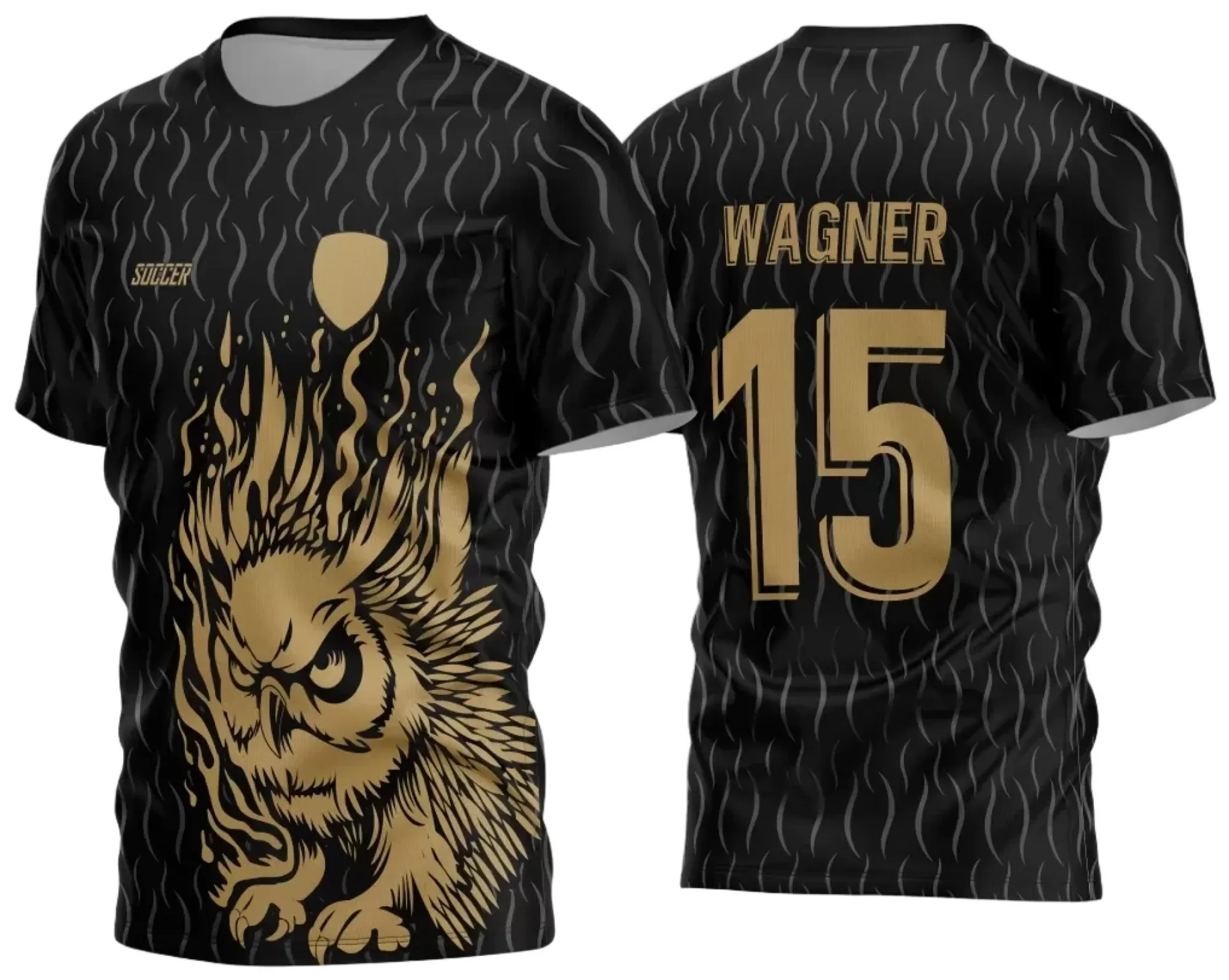 Camiseta unissex preta com logo no peito e estampa grande nas costas com tema de Coruja para Interclasse 2024 - 2025, design moderno e visual impactante.