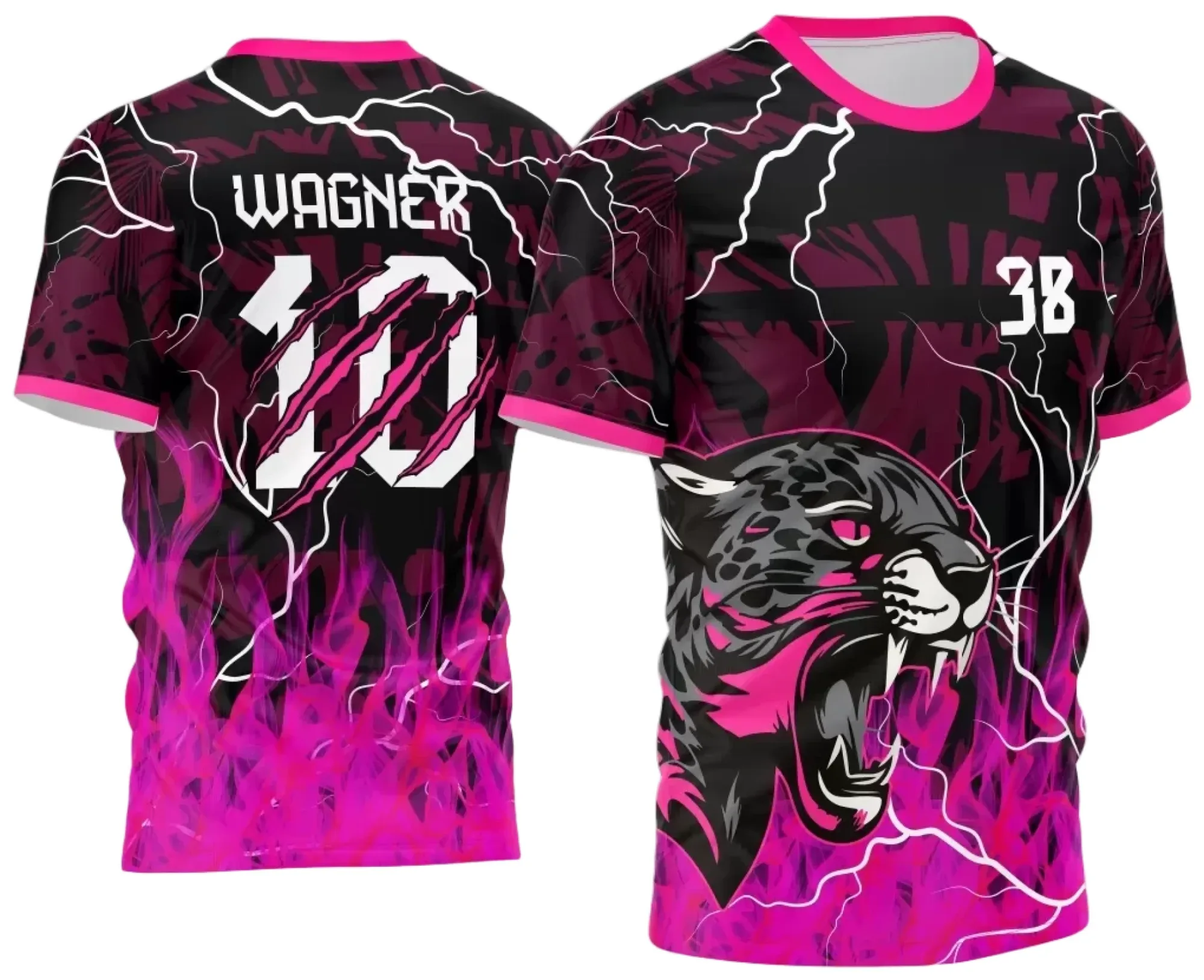 Camiseta unissex preta com logo no peito e estampa grande nas costas, tema Onça para Interclasse 2024-2025, visual moderno e impactante.