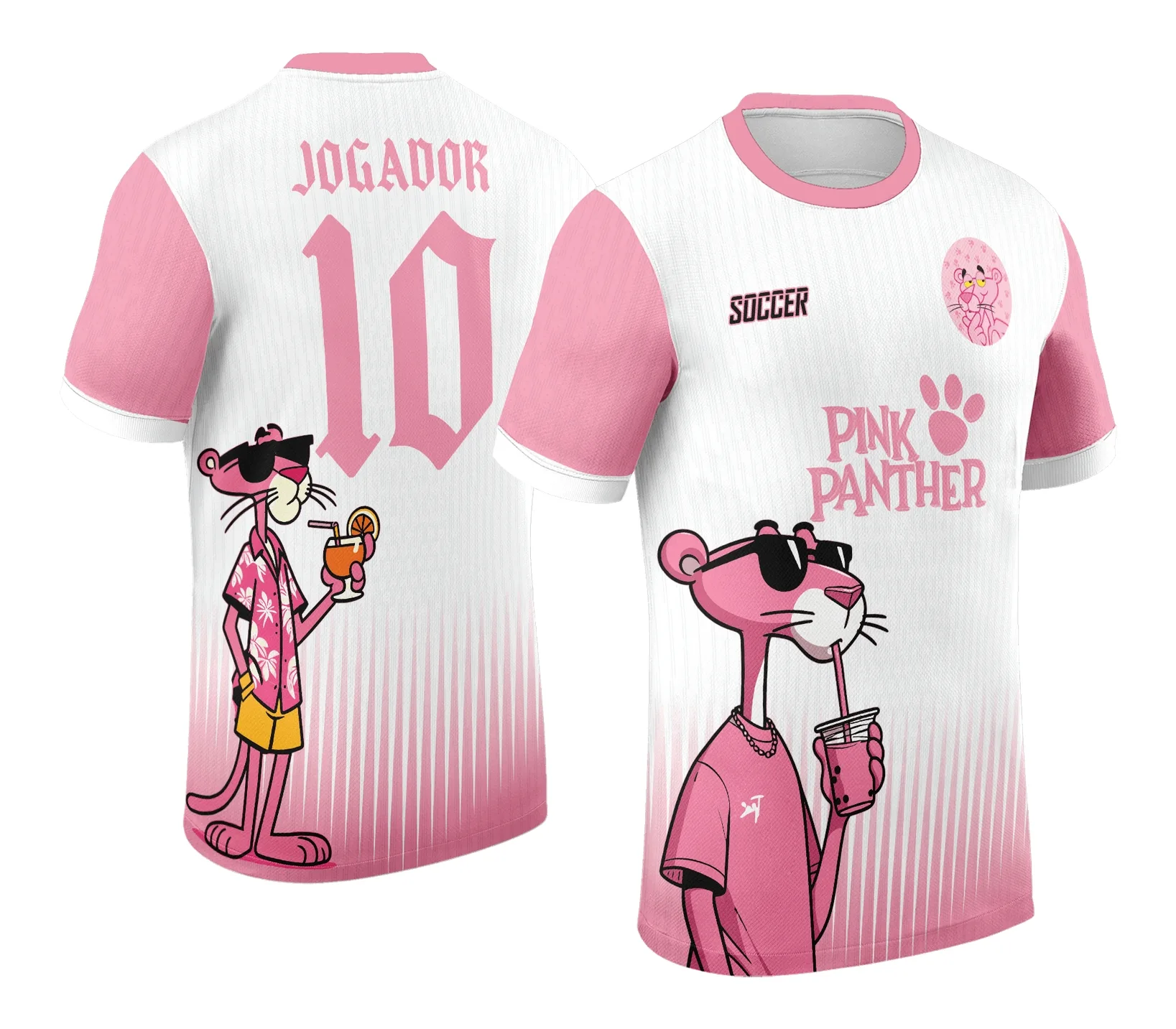 Camiseta unissex preta com logo no peito e estampa grande nas costas da Pantera Cor de Rosa estilo Interclasse 2024 2025, perfeita para quem busca conforto e identidade com o tema icônico