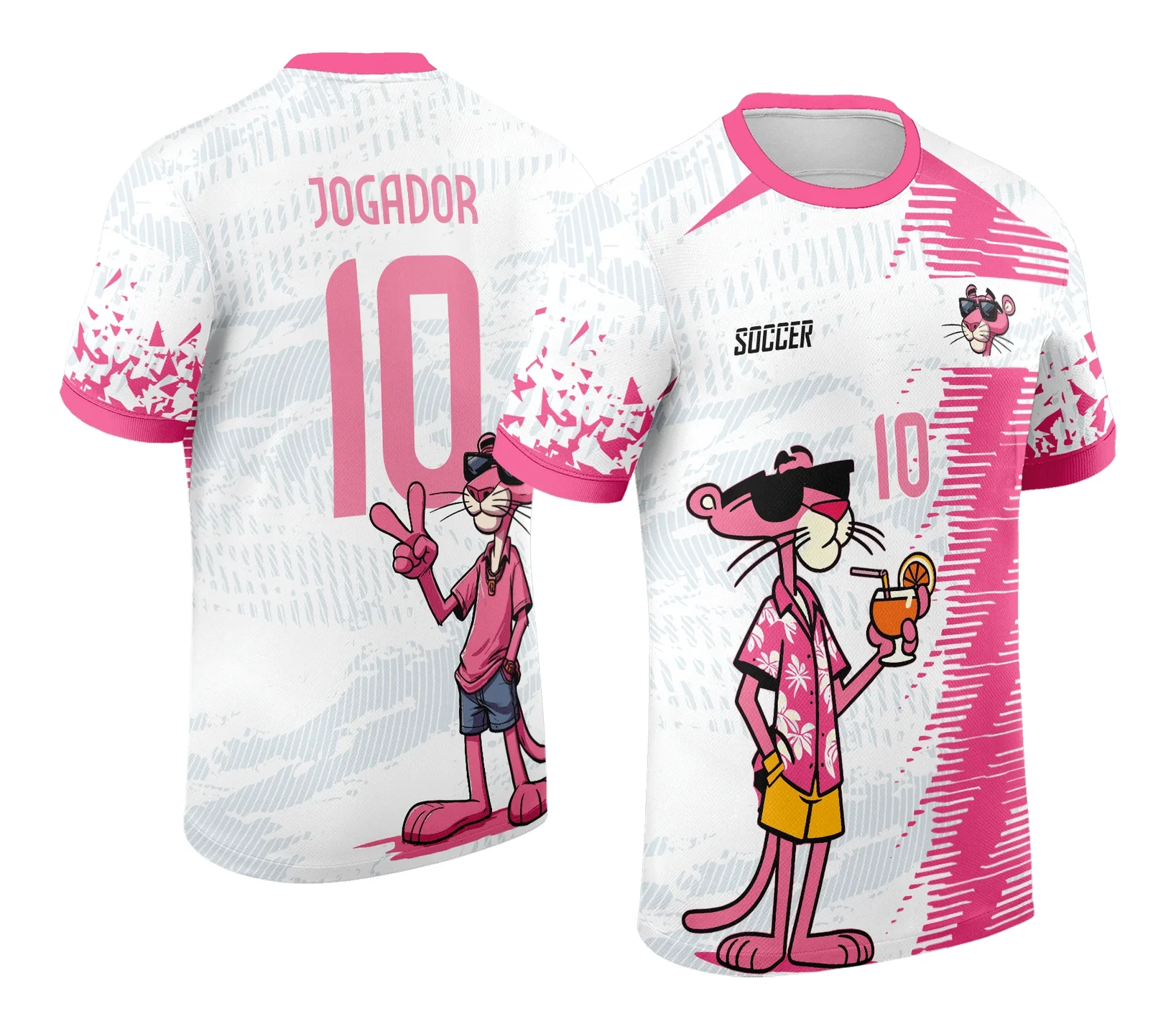 Camiseta unissex preta com logo no peito e estampa grande nas costas, tema Interclasse Pantera Cor de Rosa 2024 2025 modelo 3, perfeita para torcedores e eventos escolares.