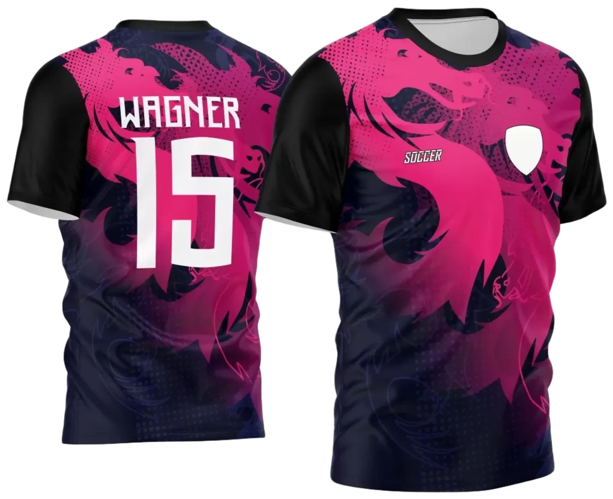 Camiseta preta unissex com logo no peito e estampa grande nas costas de dragão em estilo interclasse 2024 2025, perfeita para fãs e times escolares.