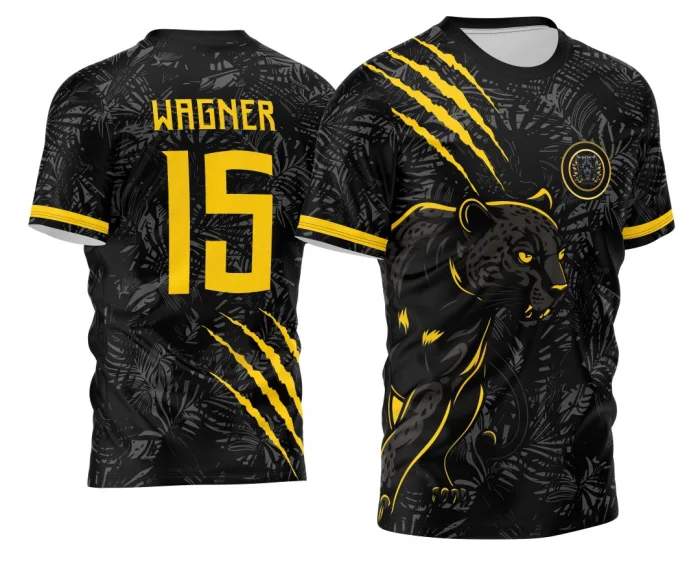 Camiseta unissex com cor base preta, logo no peito e estampa grande nas costas com tema Pantera Brasil Interclasse 2024 2025, ideal para uso casual e eventos escolares.