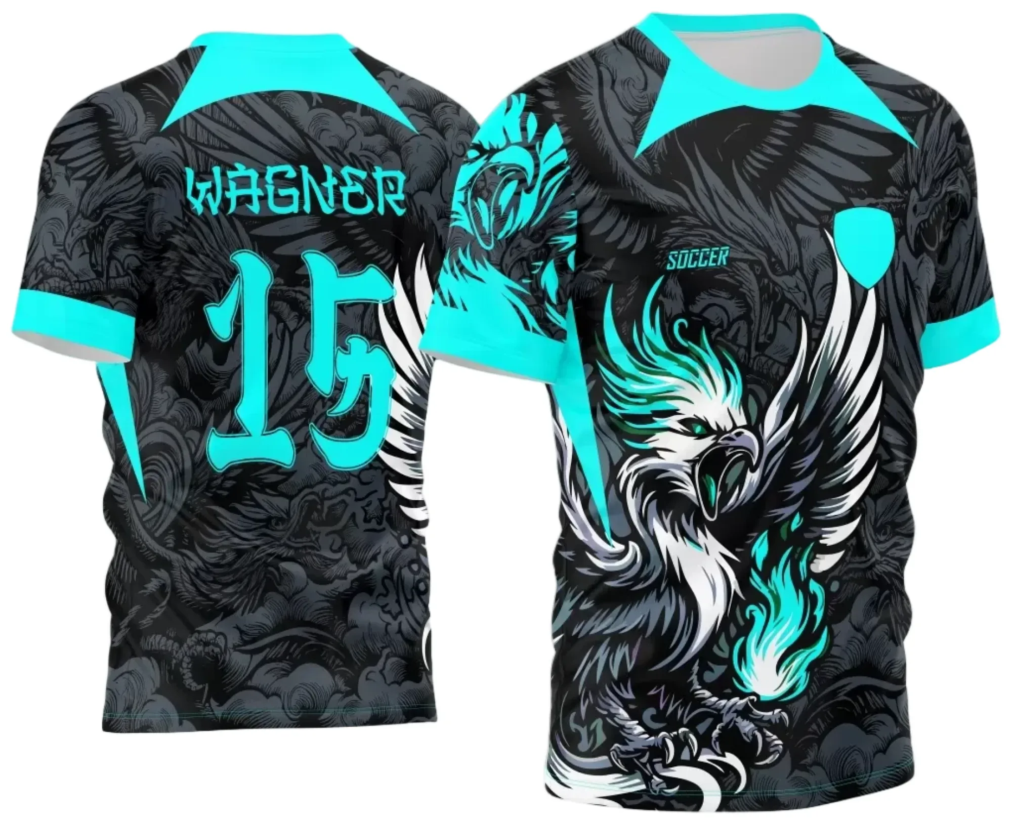 Camiseta unissex branca com logo no peito e estampa grande nas costas do tema Interclasse Jogos Internos 2024 Fênix Azul, ideal para eventos esportivos e confraternizações.