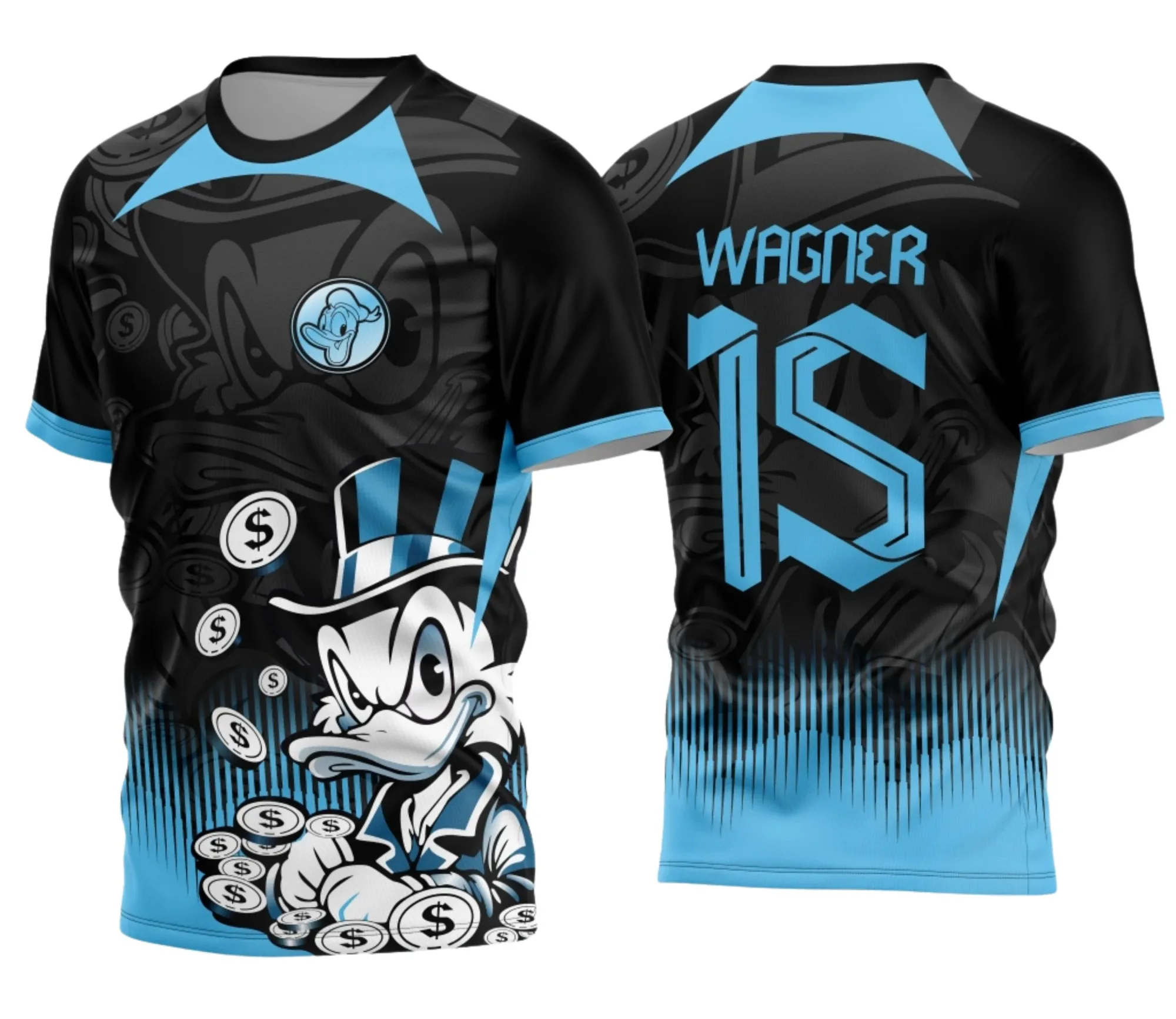 Camiseta unissex branca com logo no peito e estampa grande nas costas, tema Interclasse Jogos Internos 2024 Tio Patinhas, com visual marcante e moderno.