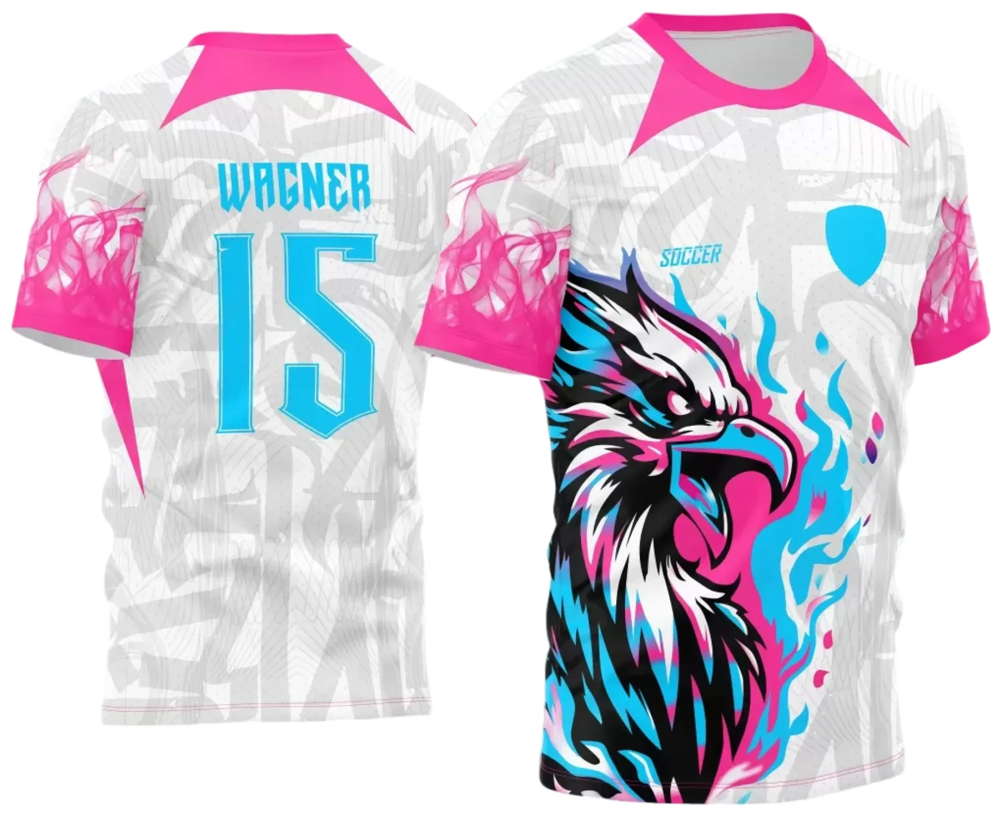 Camiseta unissex preta com logo no peito e estampa grande nas costas destacando o tema Camisa Interclasse Jogos Internos 2024 Águia.