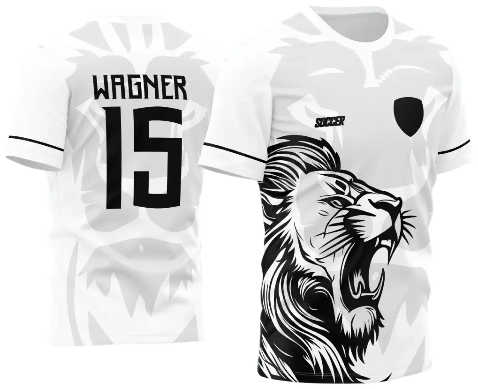 Camiseta unissex preta com logo no peito e estampa grande nas costas do Leão Interclasse 2024, modelo 2, destacando o orgulho e a força da turma com design impactante.