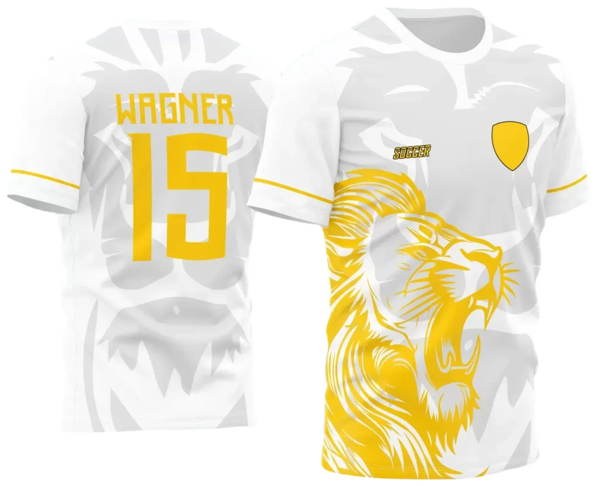 Camiseta unissex preta com logo no peito e estampa grande nas costas do Leão Amarelo 2024, ideal para eventos e turmas que buscam destaque e estilo único.