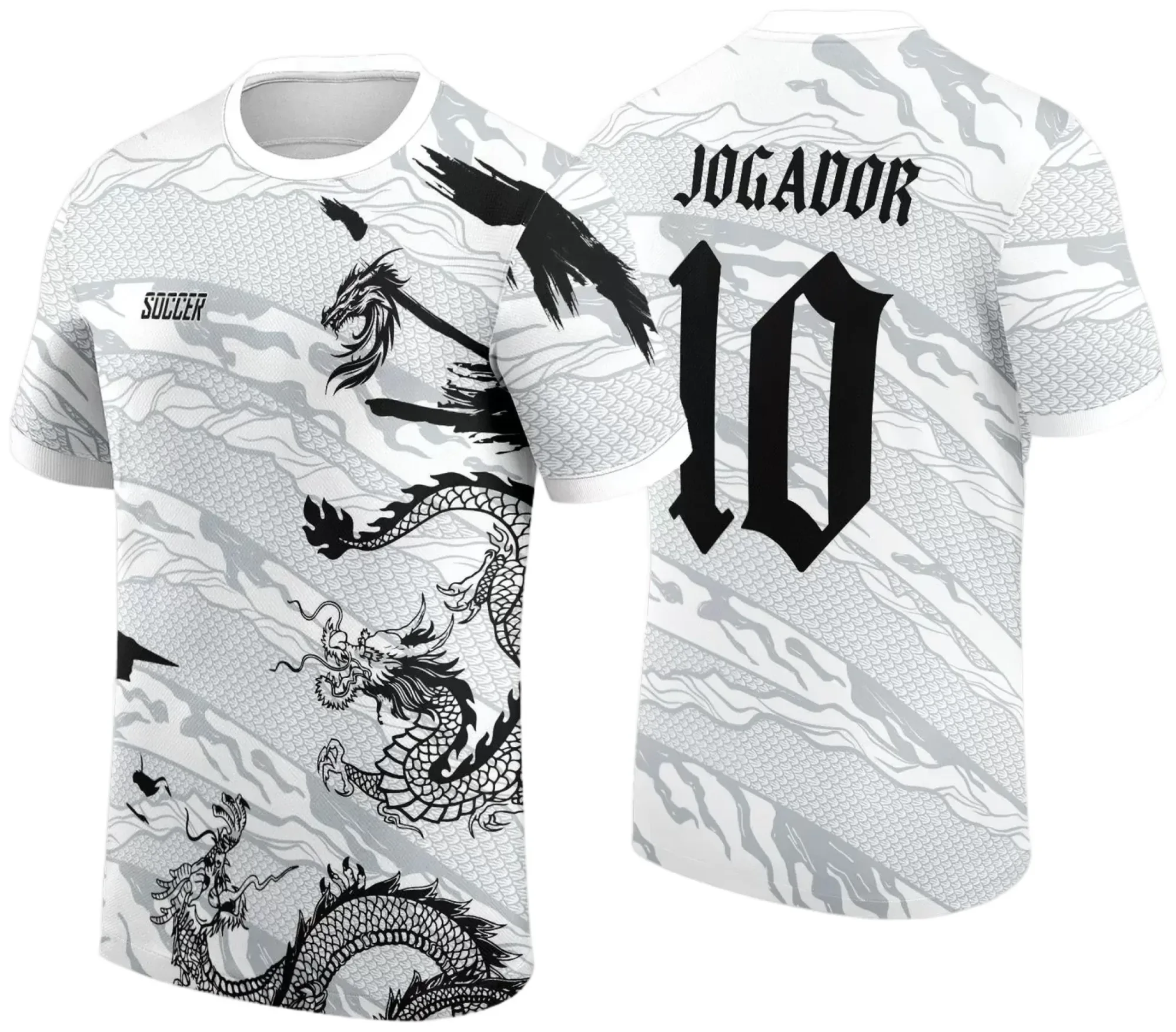 Camiseta unissex preta com logo no peito e estampa grande nas costas com tema de Dragão Branco dos Jogos Internos Interclasse 2024, ideal para eventos esportivos e confraternizações.