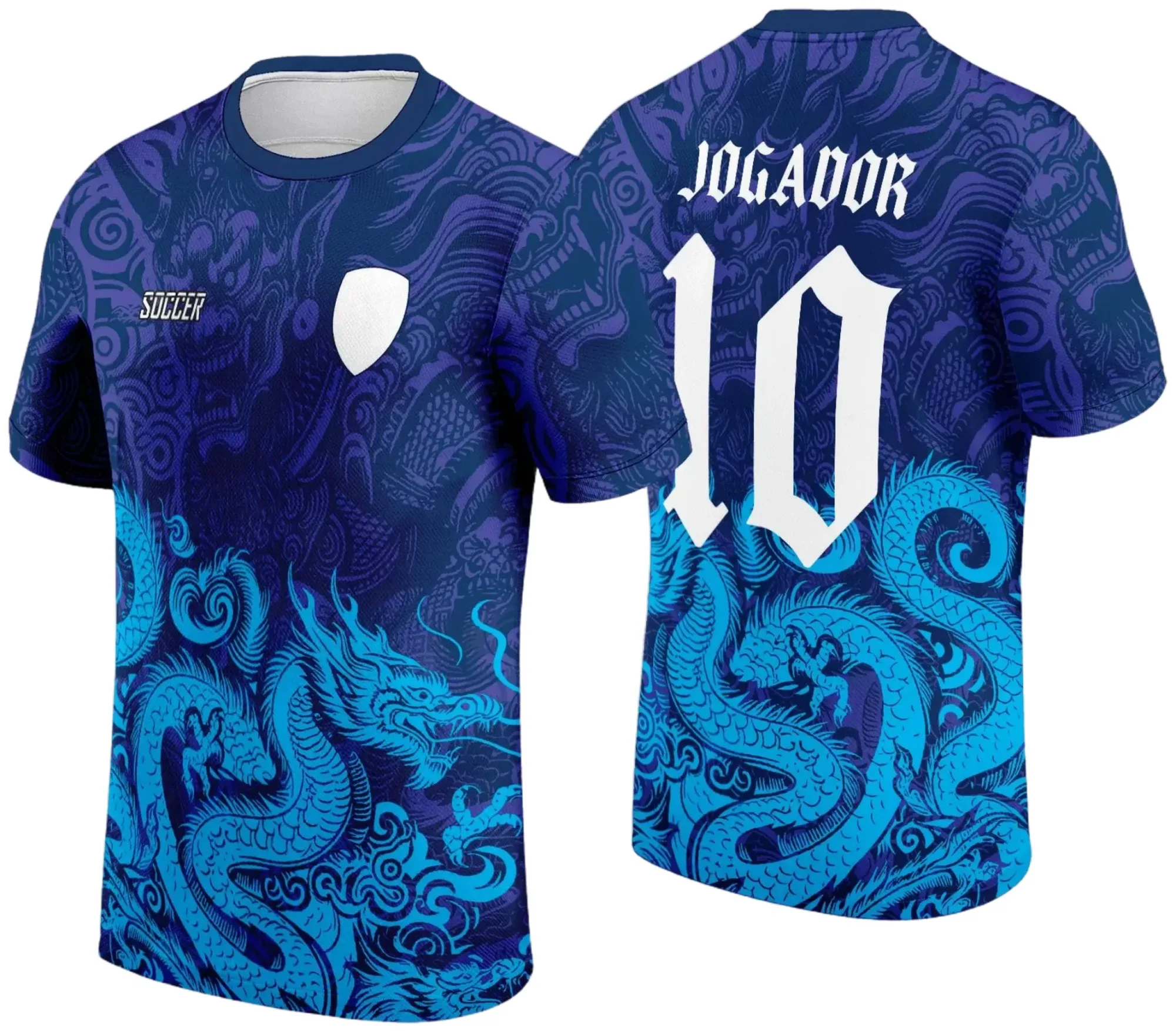 Camiseta unissex preta com logo no peito e estampa grande nas costas representando Dragão Azul do Interclasse 2024, estilo moderno e vibrante perfeita para torcer com estilo.