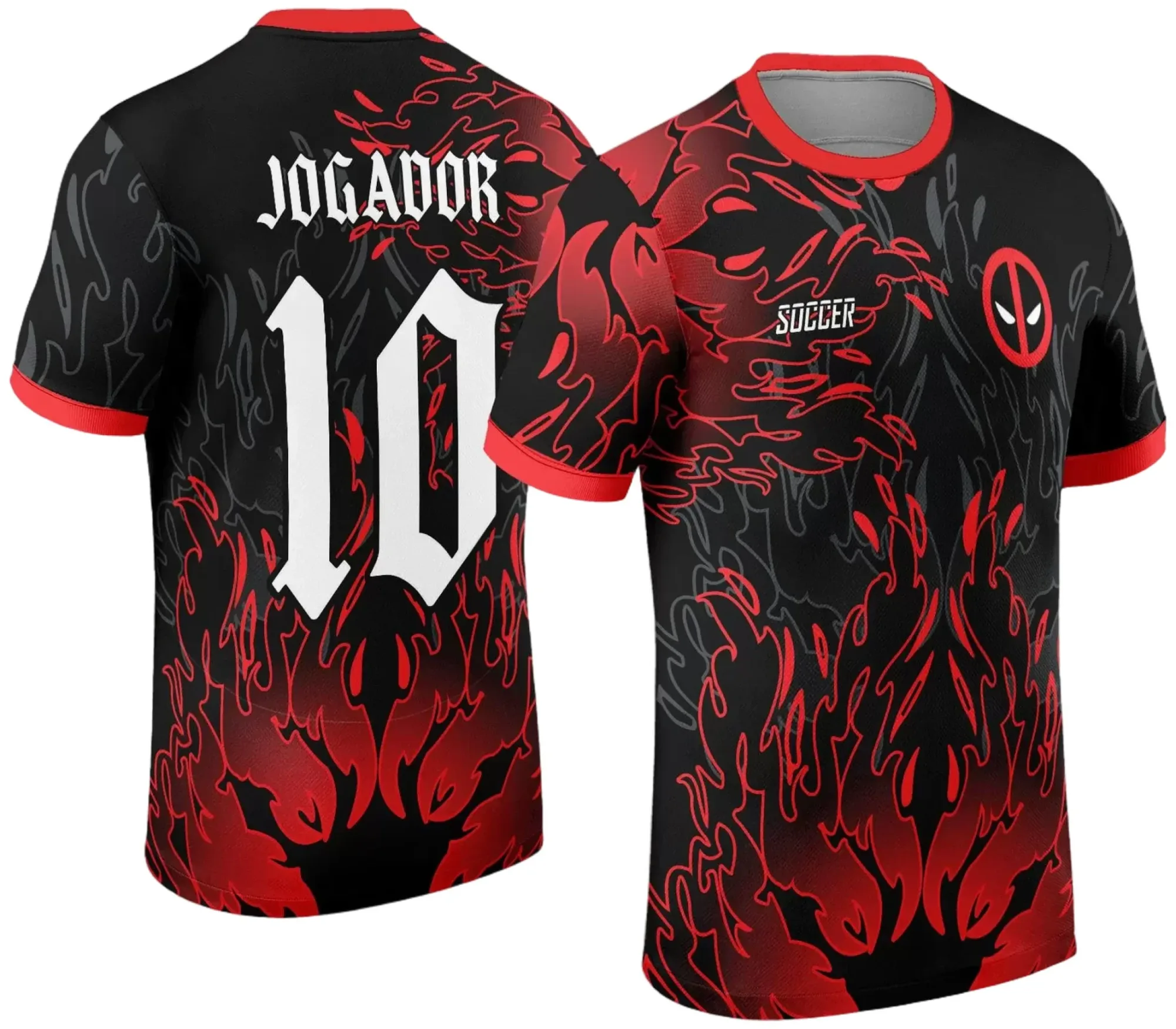 Camiseta unissex preta com logo no peito e estampa grande nas costas do personagem Deadpool, tema InterClasse 2024, ideal para fãs do super-herói e eventos escolares.