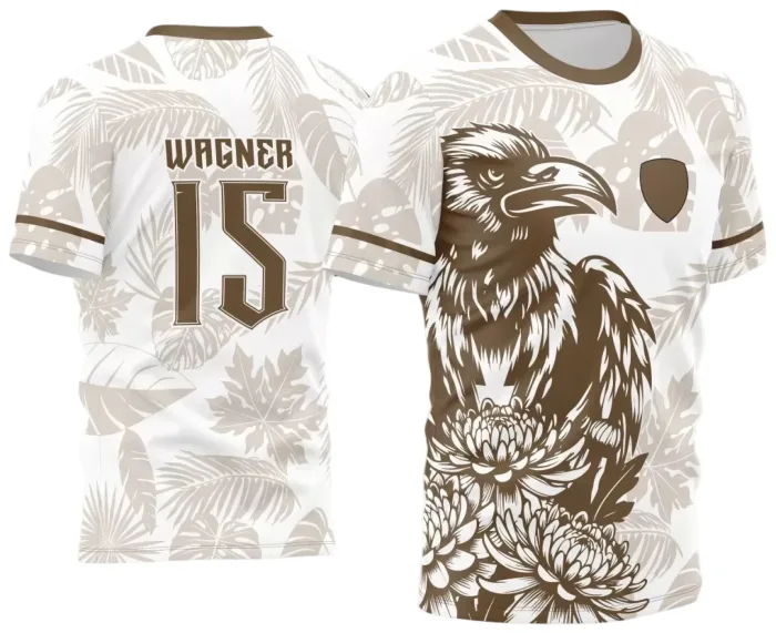 Camiseta unissex preta com logo no peito e estampa grande nas costas mostrando corvo com flores, tema Corvo com Flores Interclasse 2024, design marcante e moderno.