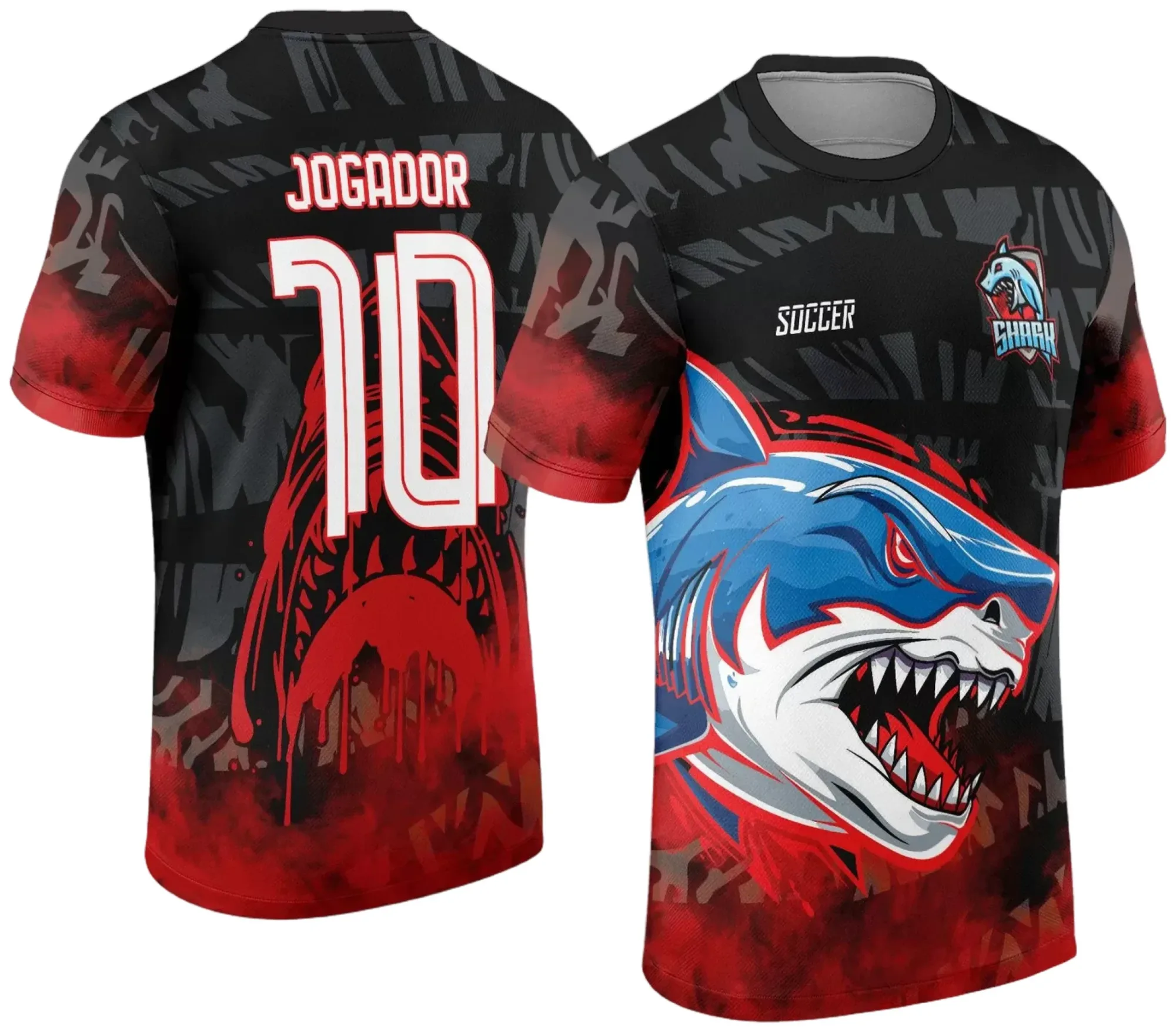 Camiseta unissex preta com logo no peito e estampa grande nas costas do Tubarão Shark 2024 em vermelho, ideal para torcer com estilo e personalidade.