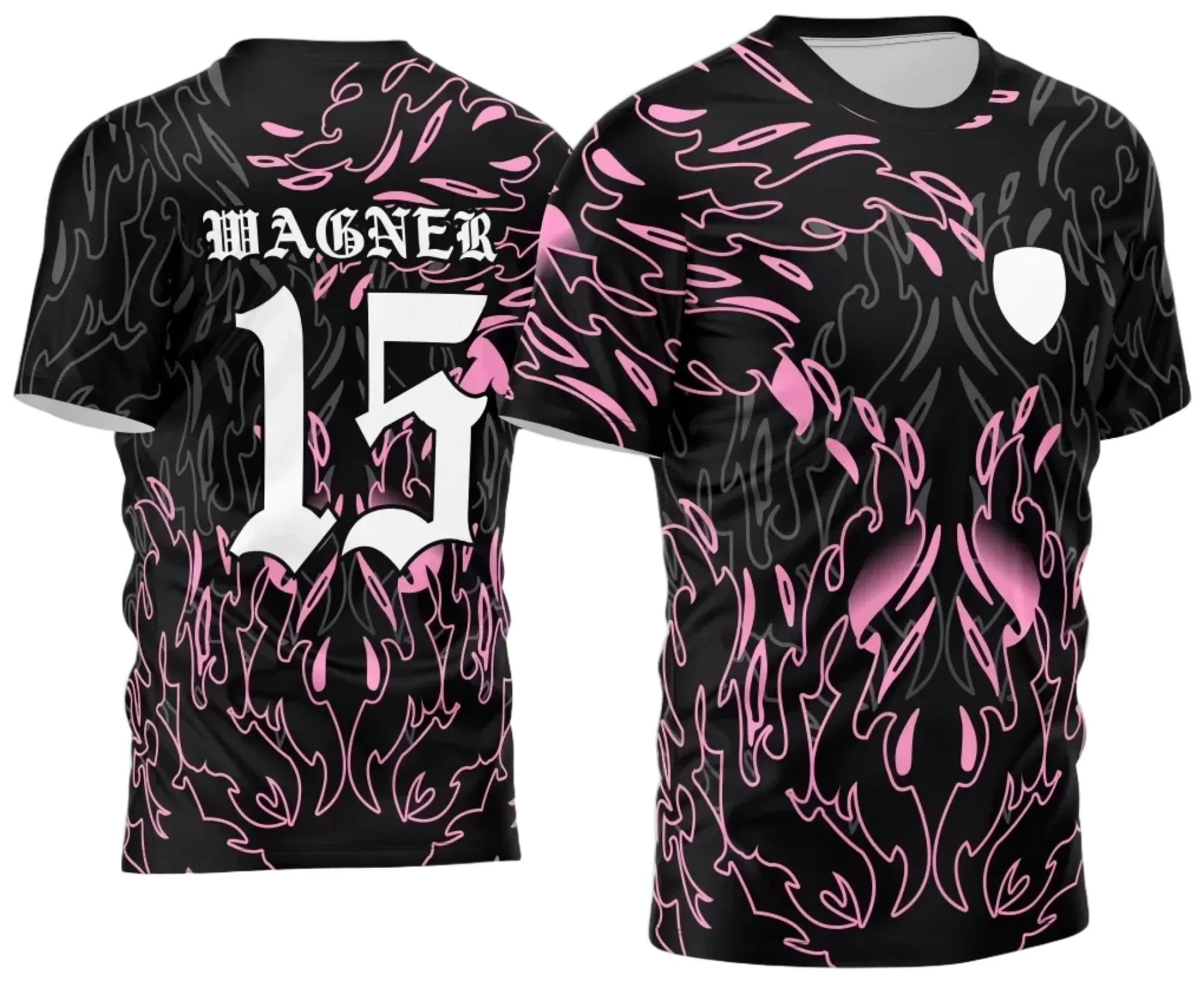 Camiseta unissex preta com logo no peito e estampa grande nas costas representando chamas vibrantes do InterClasse 2024, ideal para eventos escolares e campeonatos.