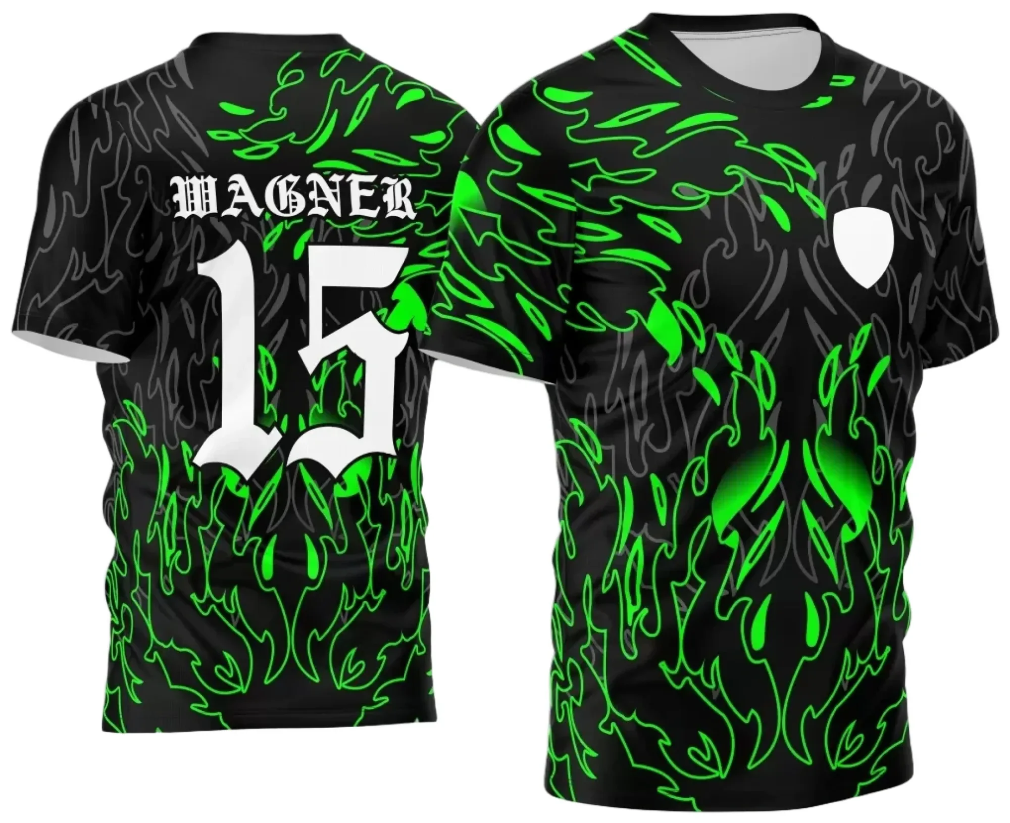 Camiseta unissex preta, com logo no peito e estampa grande nas costas, tema Chamas interclasse 2024 modelo 4, design vibrante e moderno para quem busca estilo e conforto.