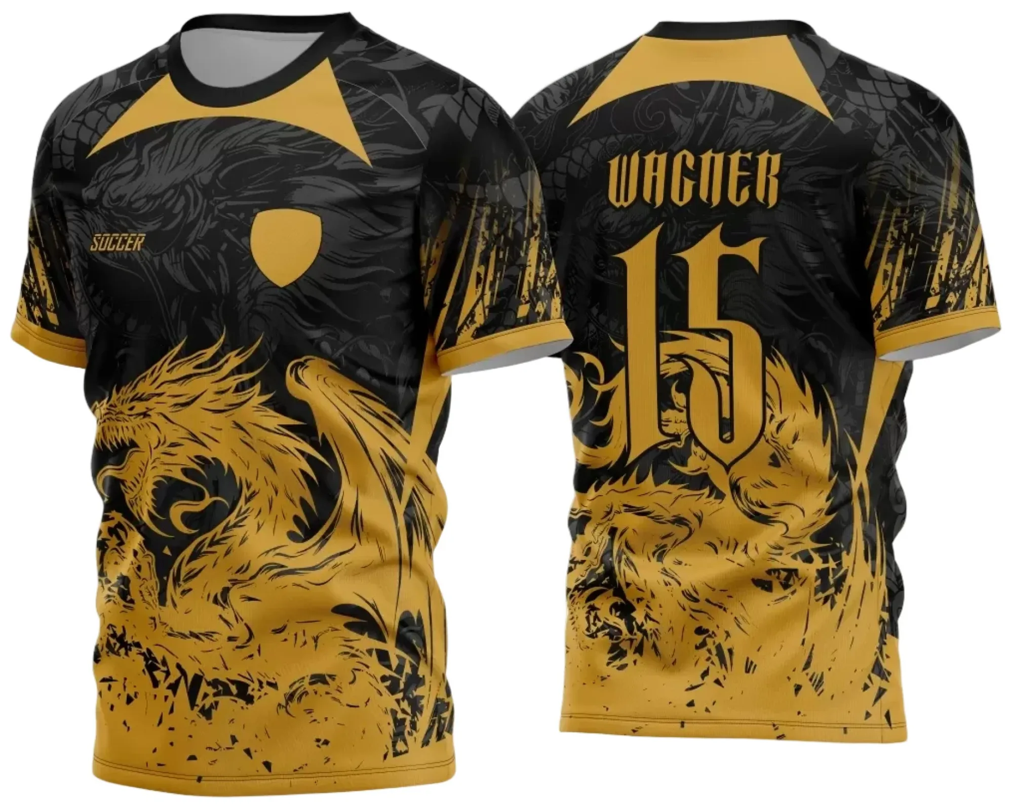 Camiseta unissex preta com logo no peito e estampa grande nas costas retratando um dragão imponente, temática Interclasse Dragão 2024, ideal para torcida e eventos esportivos.