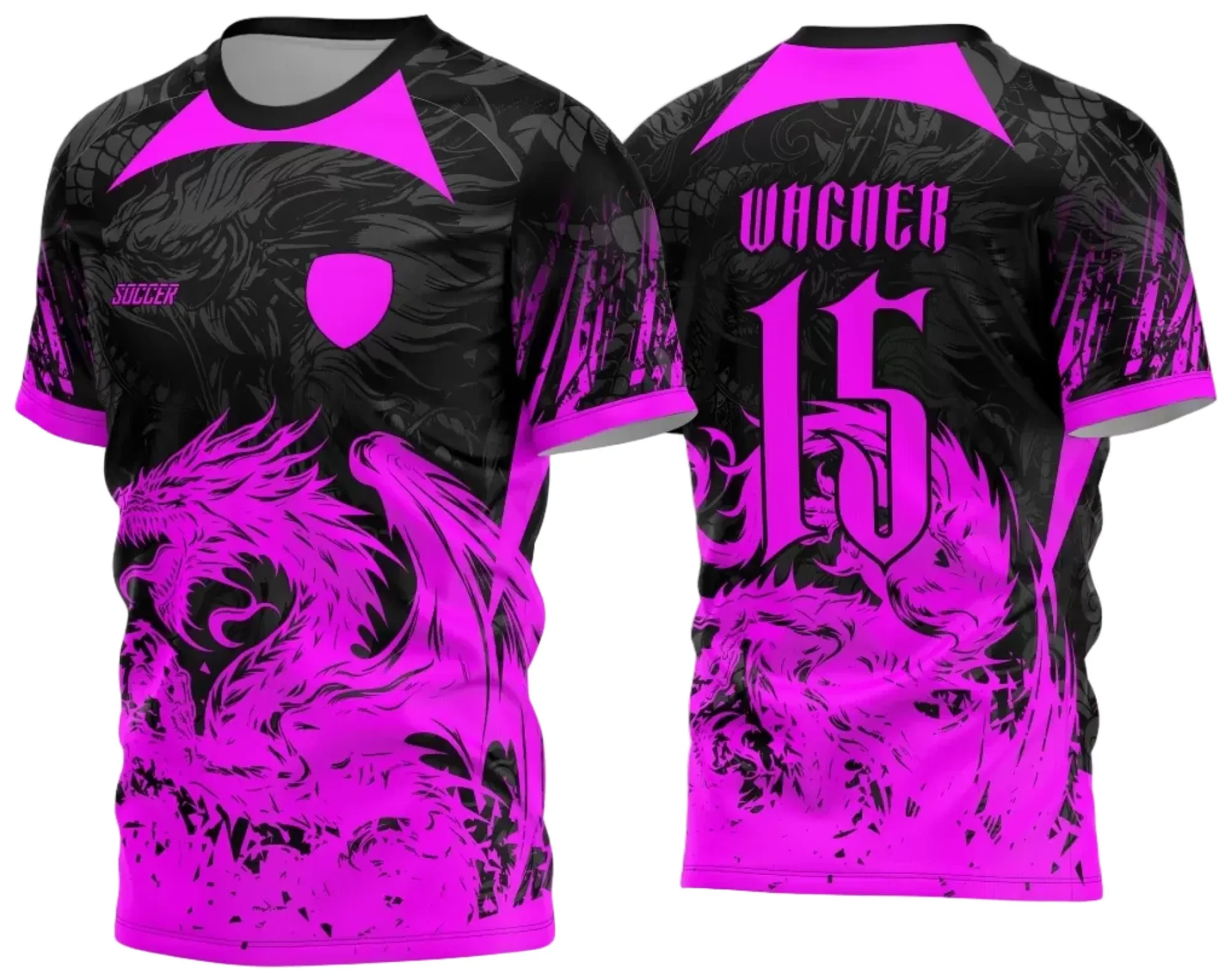 Camiseta unissex preta com logo no peito e estampa grande nas costas de Dragão 2024, estilo Interclasse modelo 6, perfeita para quem busca visual marcante e moderno.