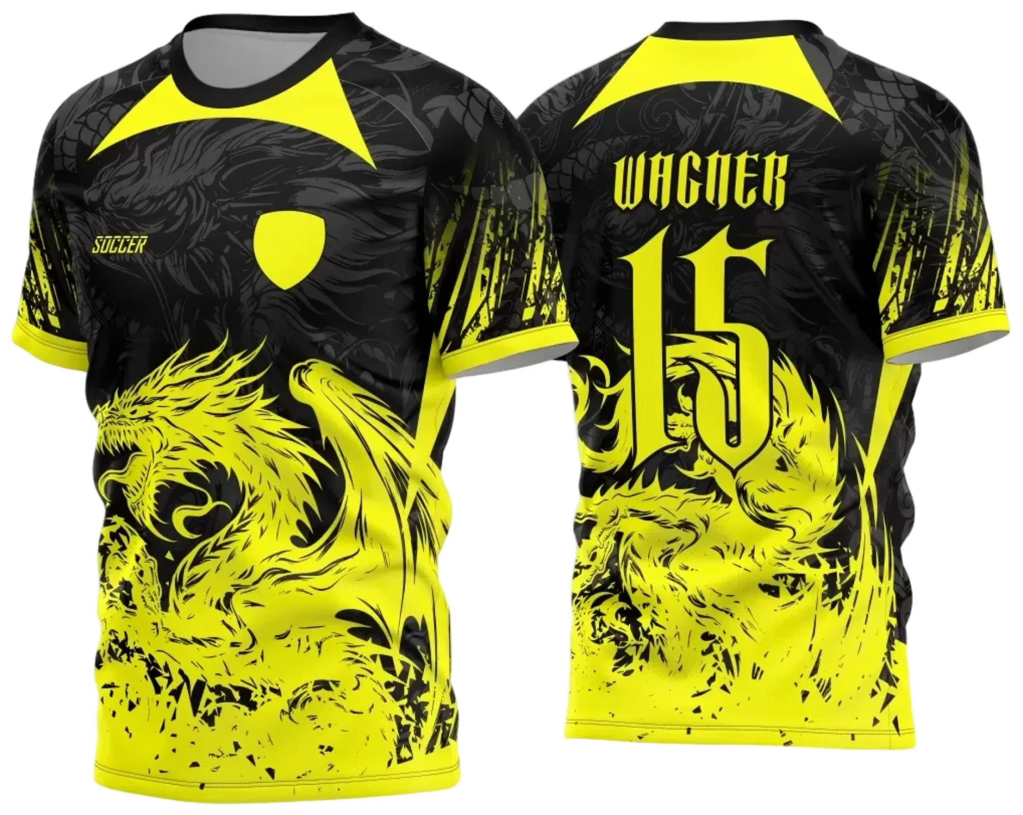 Camiseta unissex preta com logo no peito e estampa grande nas costas, tema Interclasse Dragão 2024 modelo 7, ideal para eventos e times.