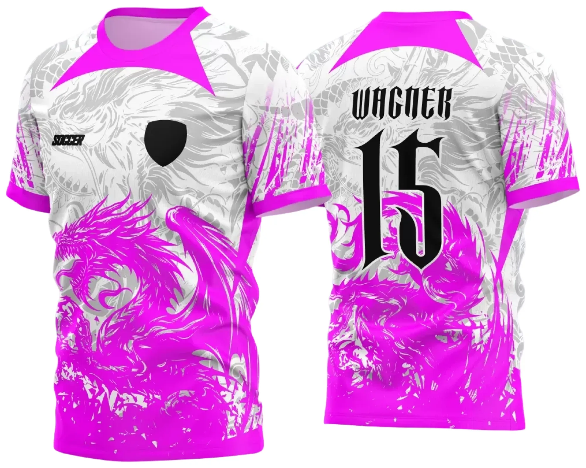 Camiseta unissex preta com logo no peito e estampa grande nas costas mostrando Dragão 2024 interclasse, ideal para eventos escolares e times esportivos.