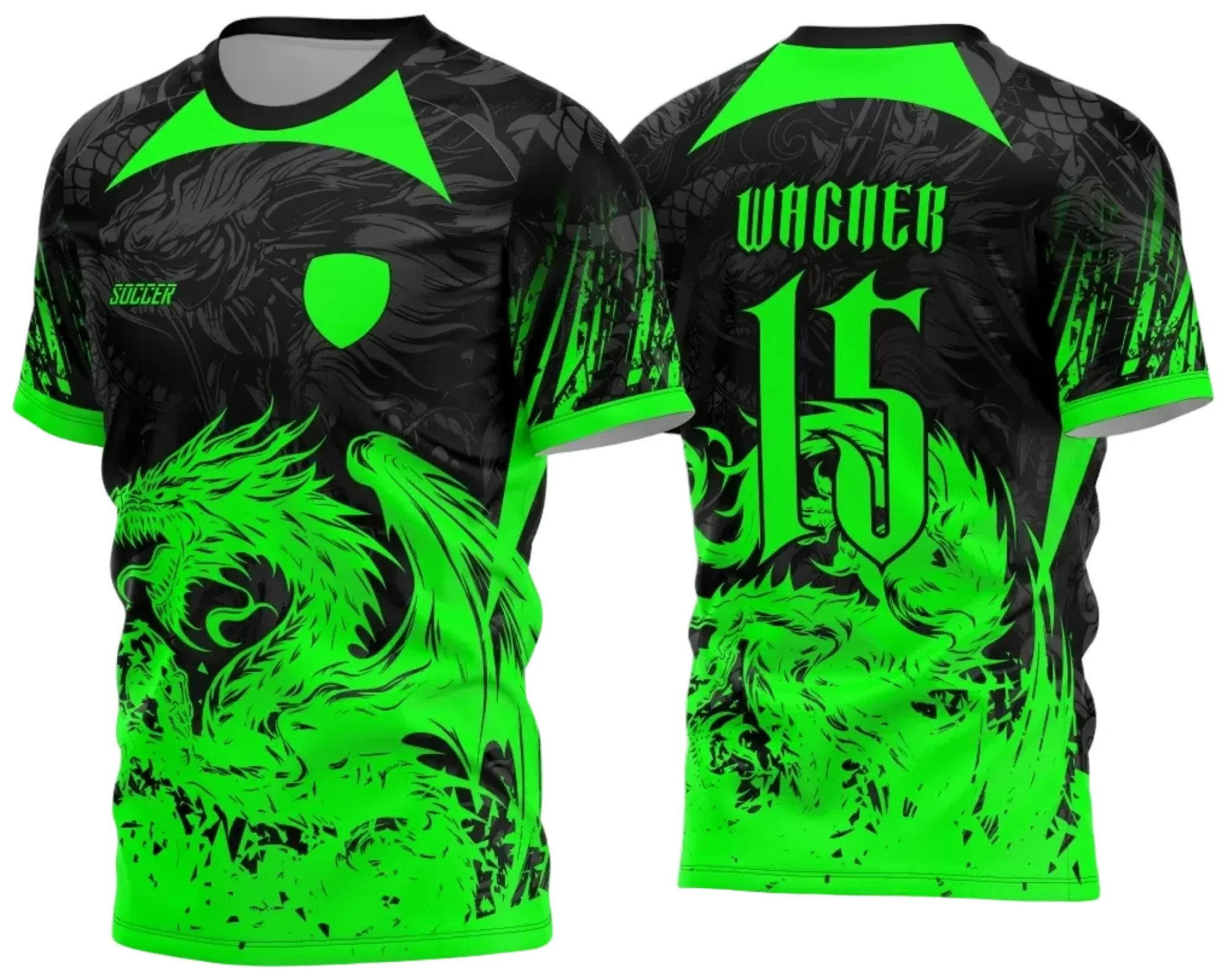 Camiseta unissex preta com logo no peito e estampa grande nas costas com dragão para Interclasse 2024, destaque no design moderno e impactante.