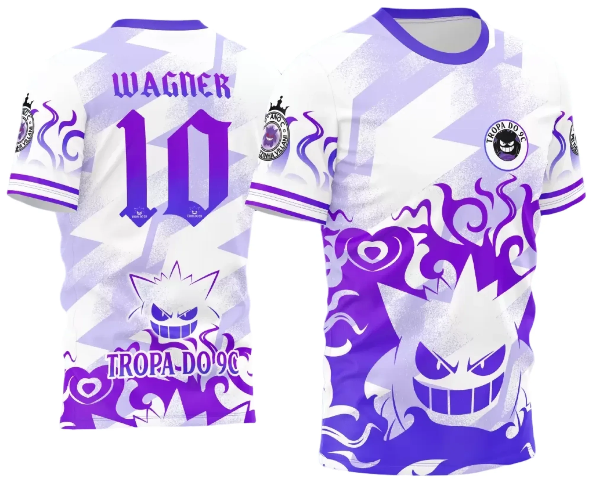 Camiseta unissex preta, com logo no peito e estampa grande nas costas, tema InterClasse Gengar 2024, visual moderno e atraente para fãs do personagem.