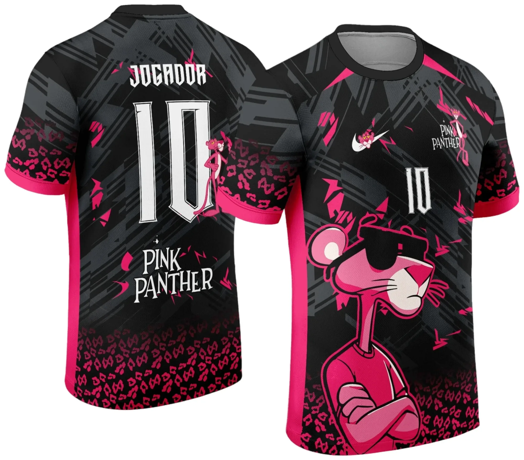 Camiseta unissex preta com logo no peito e estampa grande nas costas da Pantera Cor de Rosa, ideal para fãs do desenho e eventos interclasse.