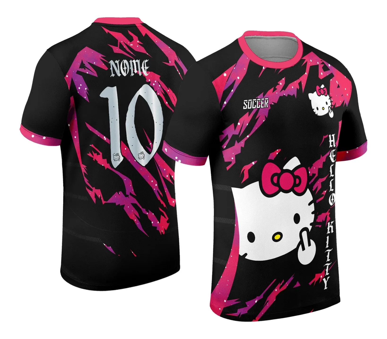 Camiseta unissex branca com logo no peito e estampa grande nas costas, tema Interclasse Hello Kitty 2024 modelo 2, design moderno e atraente para fãs da personagem.