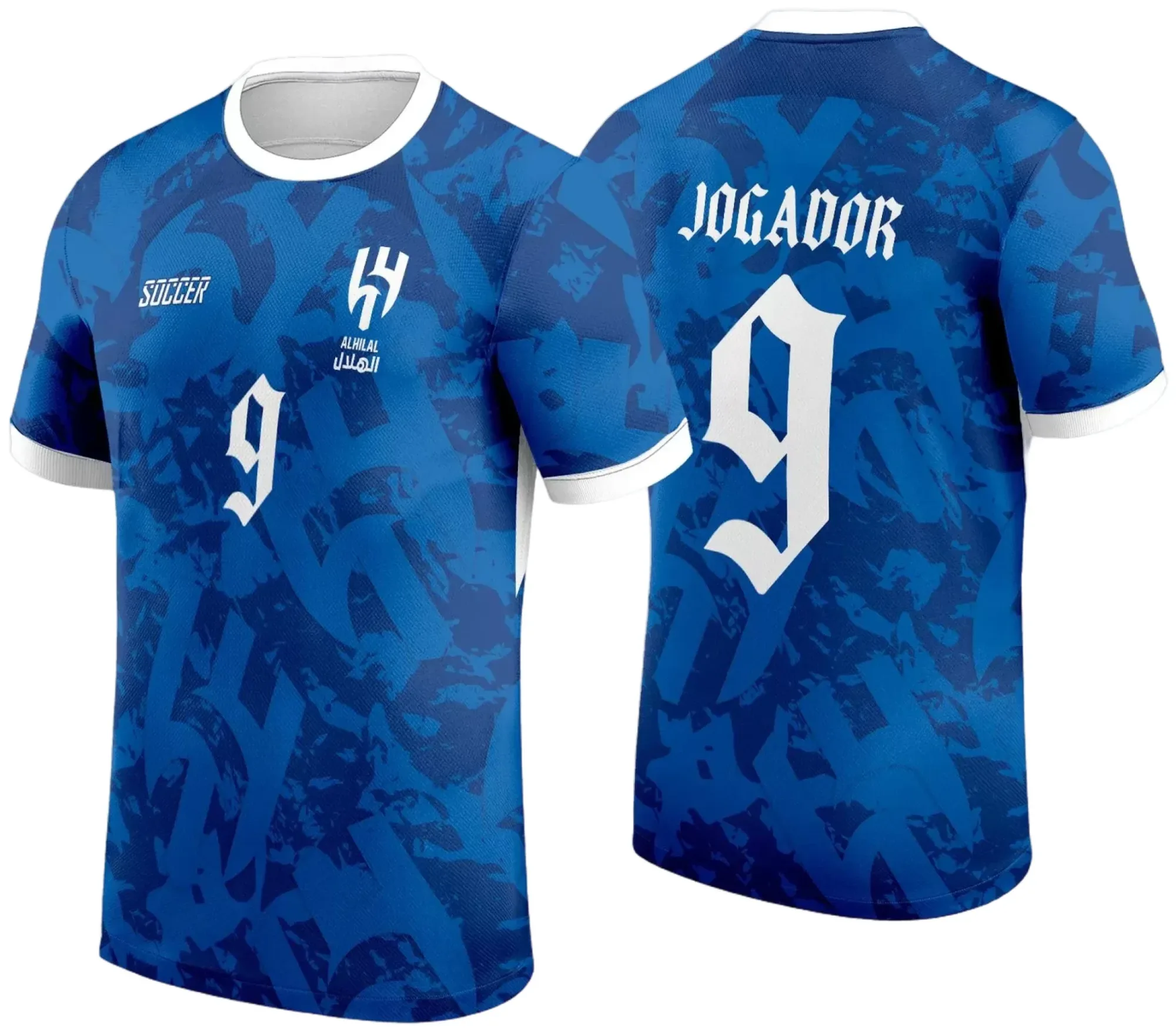 Camiseta unissex branca com logo no peito e estampa grande nas costas referente ao Camisa Interclasse Jogos Internos 2024 Al-Hilal, design esportivo e moderno, ideal para eventos e torcedores.