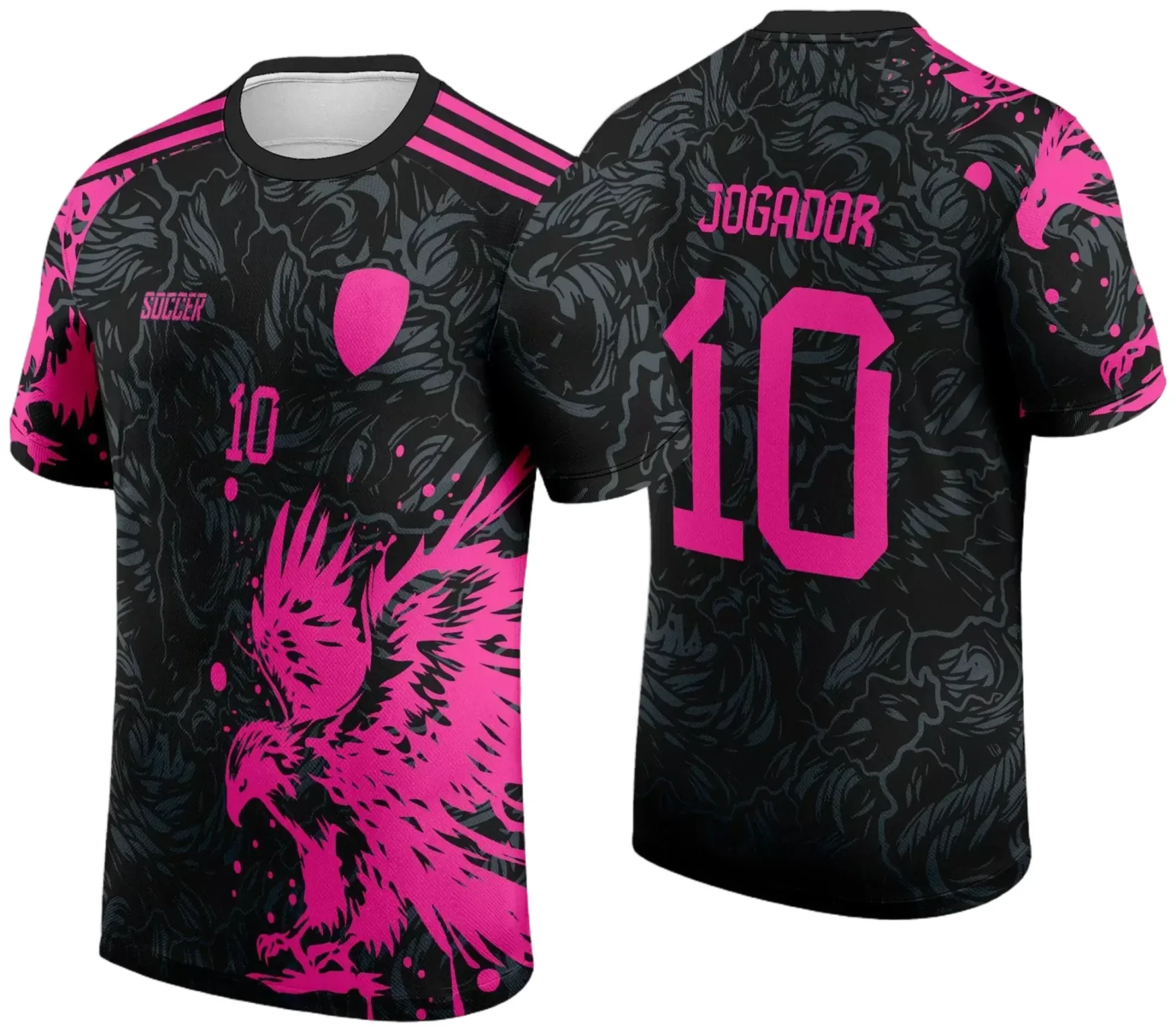 Camiseta unissex preta com logo no peito e estampa grande nas costas da Águia Rosa, tema dos Jogos Internos Interclasse 2024.