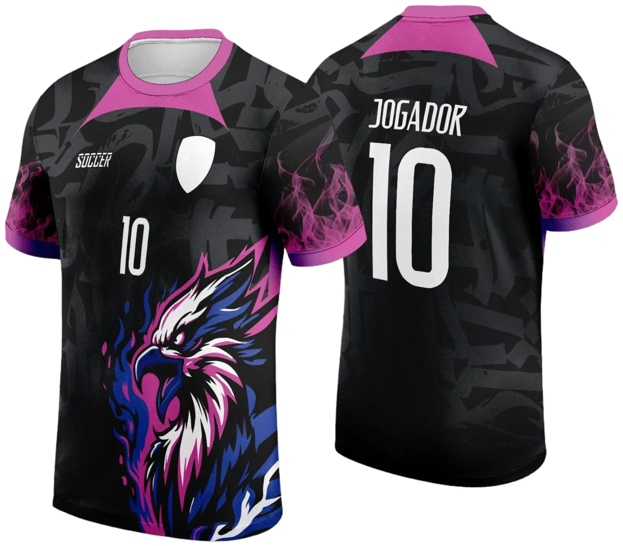 Camiseta unissex branca com logo no peito e estampa grande nas costas com tema Interclasse Jogos Internos 2024 Águia Roxa, ideal para eventos esportivos e turmas escolares.