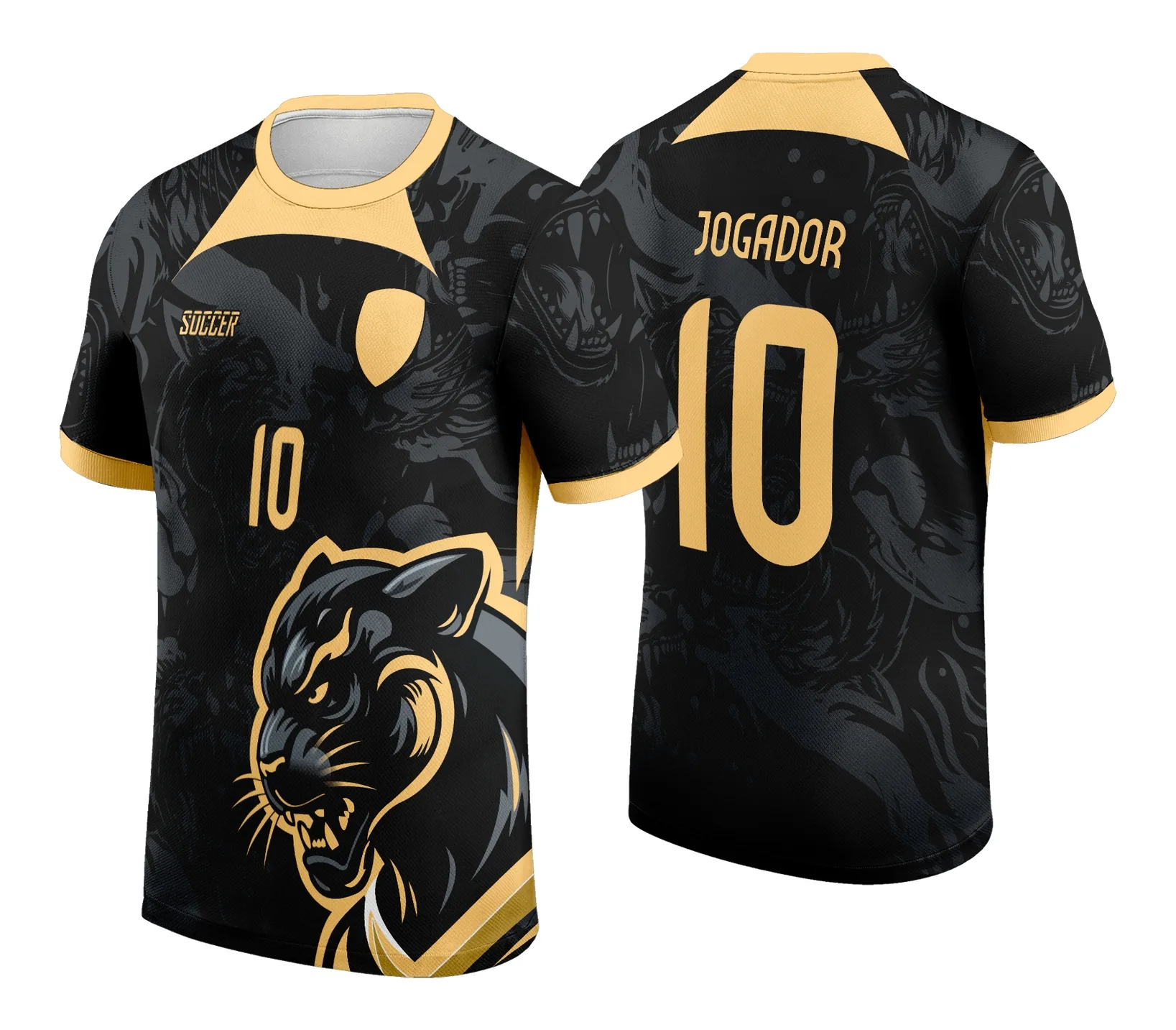 Camiseta unissex preta com logo no peito e estampa grande nas costas da Pantera Dourada Interclasse, visual moderno e marcante ideal para uso casual ou eventos escolares.