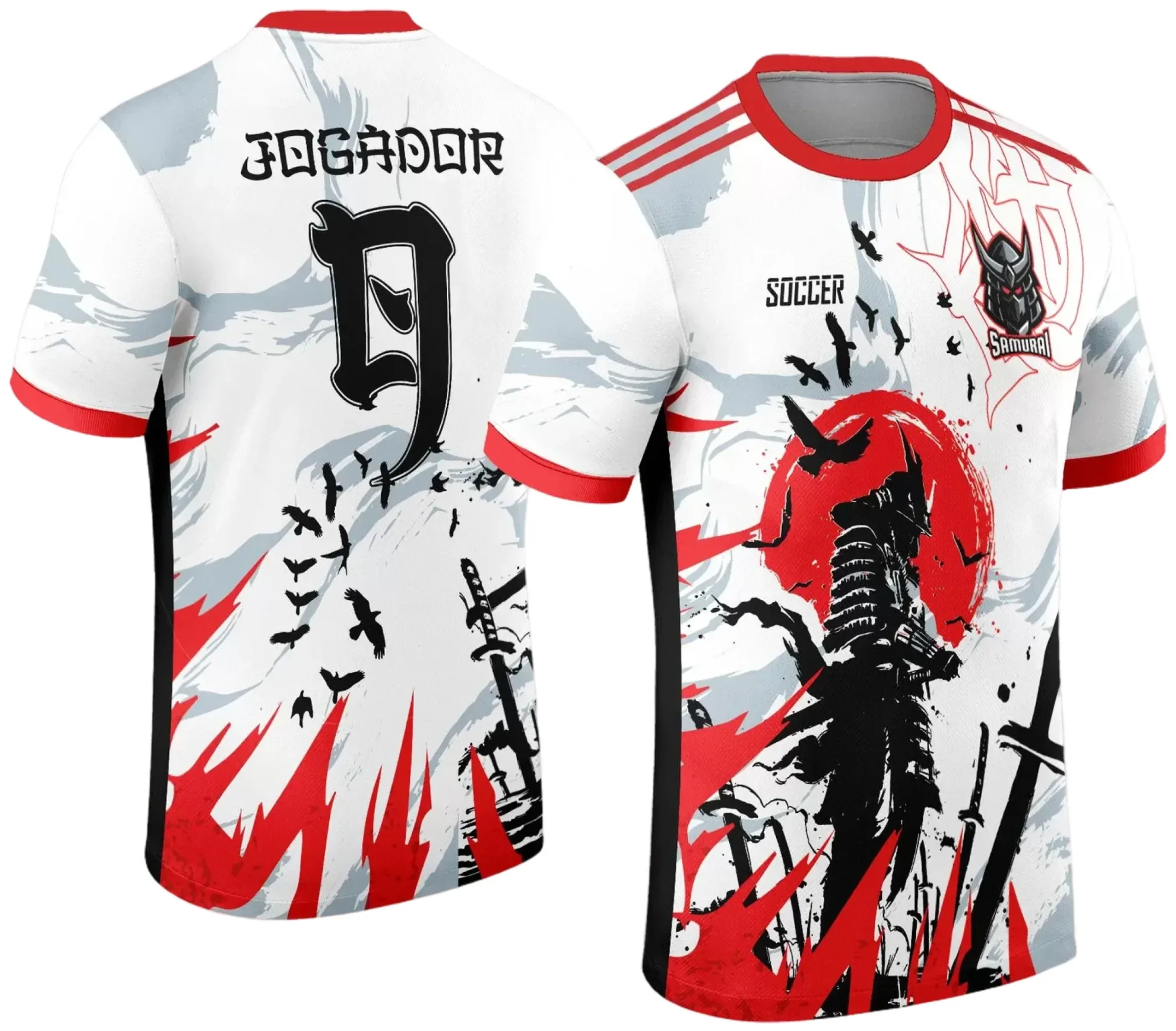 Foto da camiseta unissex preta com logo no peito e estampa grande nas costas, tema Interclasse Samurai, ideal para eventos e grupos de estudantes.