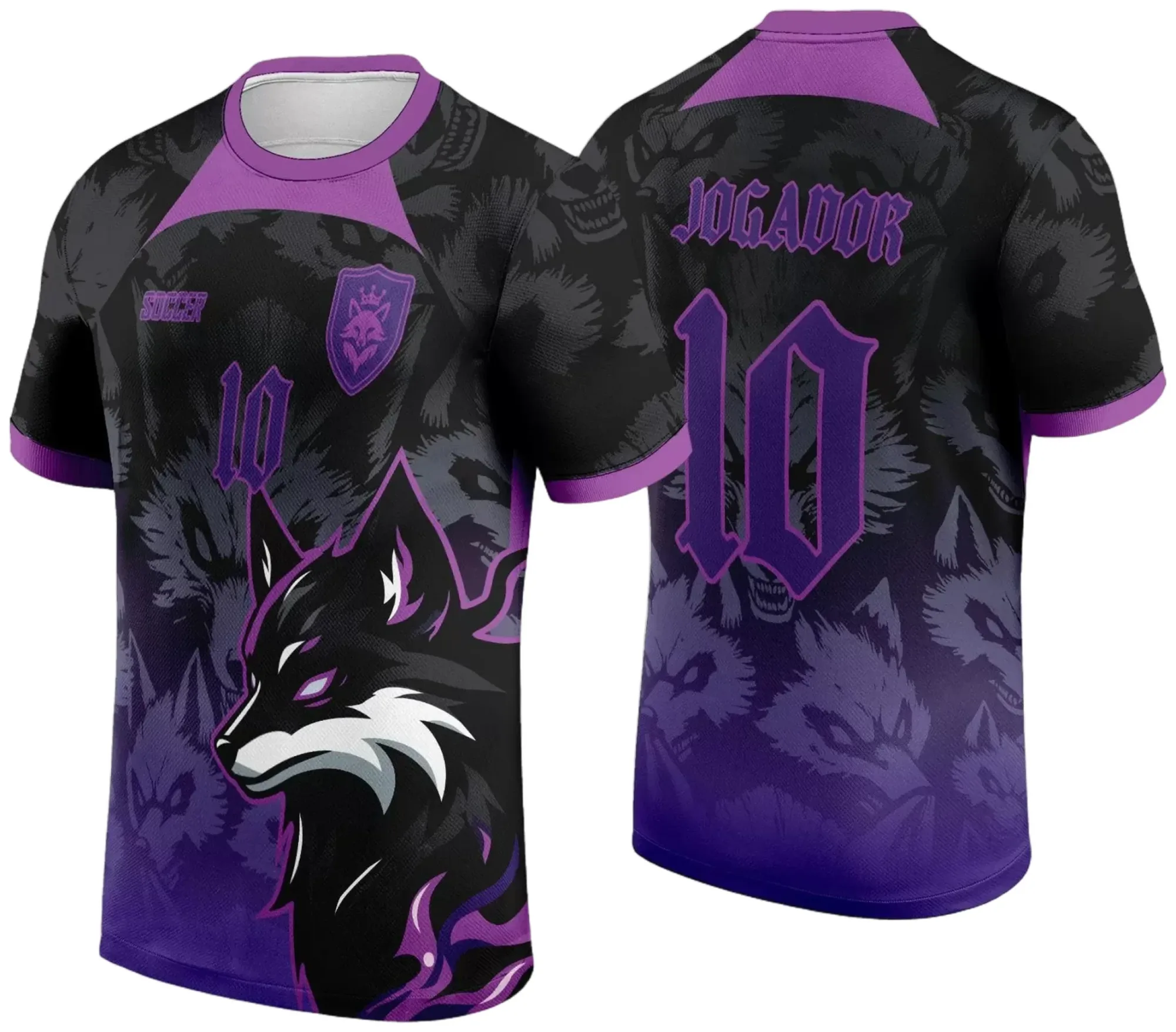 Camiseta unissex preta com logo no peito e estampa grande nas costas mostrando um lobo Fox estilizado, perfeita para quem gosta de design impactante e estilo moderno.