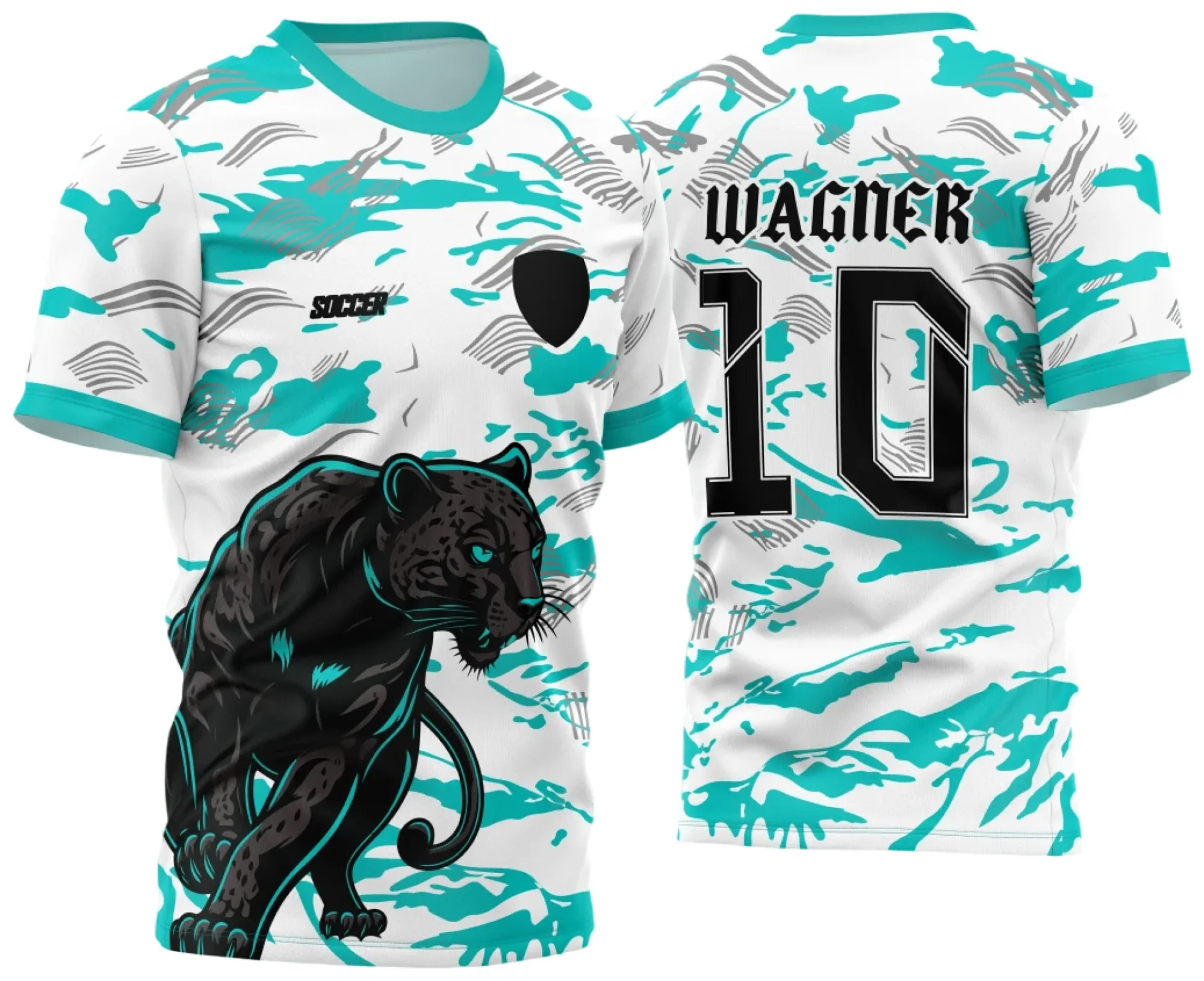 Foto da camiseta unissex verde água com logo no peito e estampa grande nas costas do Interclasse Pantera 2024, em tecido confortável e corte moderno, ideal para uso casual e eventos escolares.