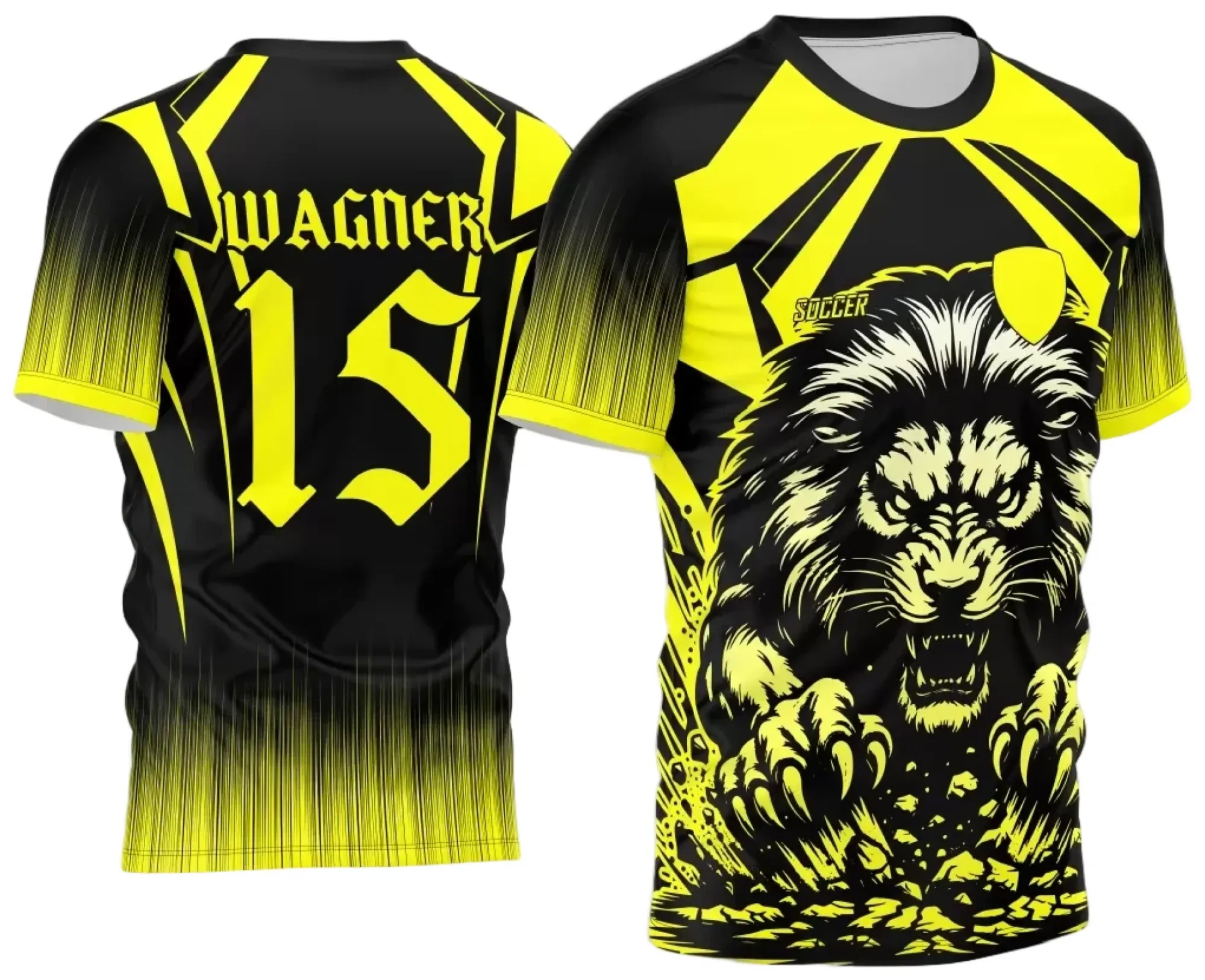 Camiseta unissex preta com logo no peito e estampa grande nas costas do Leão Interclasse 2024 em amarelo, ideal para eventos e uniformes escolares.