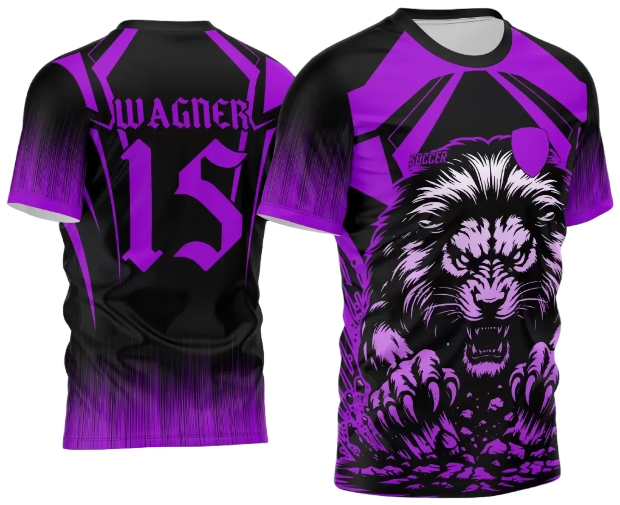 Camiseta unissex roxa com logo no peito e estampa grande nas costas destacando o tema Interclasse Leão 2024, ideal para uso cotidiano ou eventos escolares, com design moderno e detalhes vibrantes.