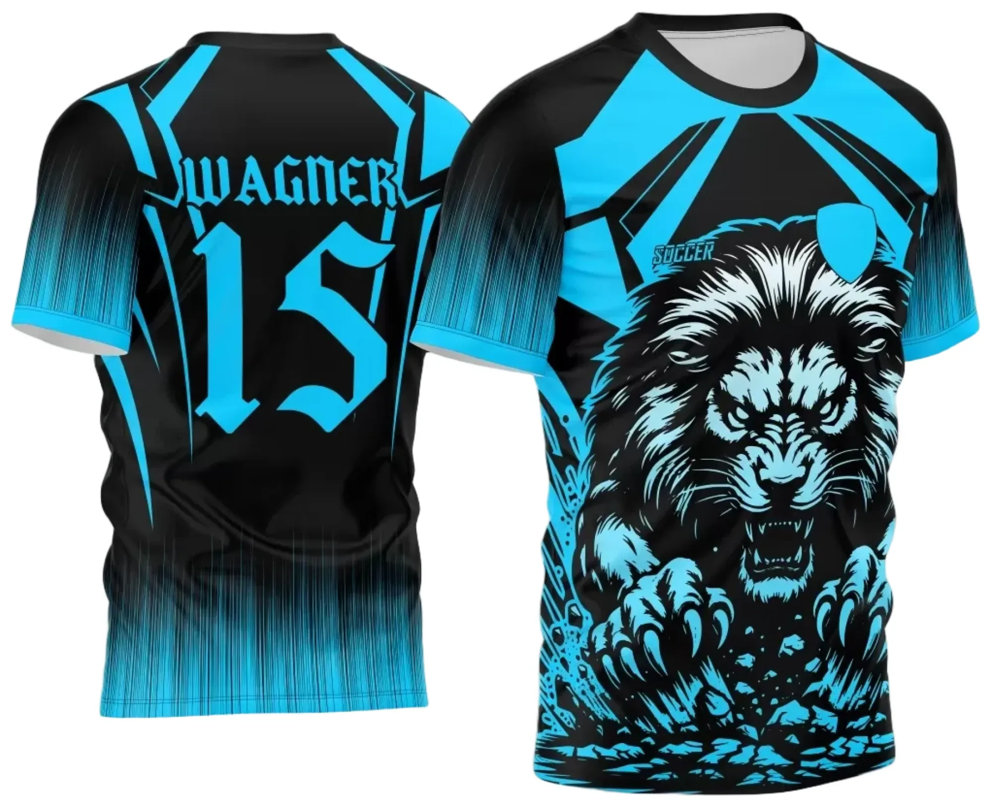 Camiseta unissex azul com logo no peito e estampa grande nas costas do Leão 2024 do Interclasse, perfeita para eventos e times escolares