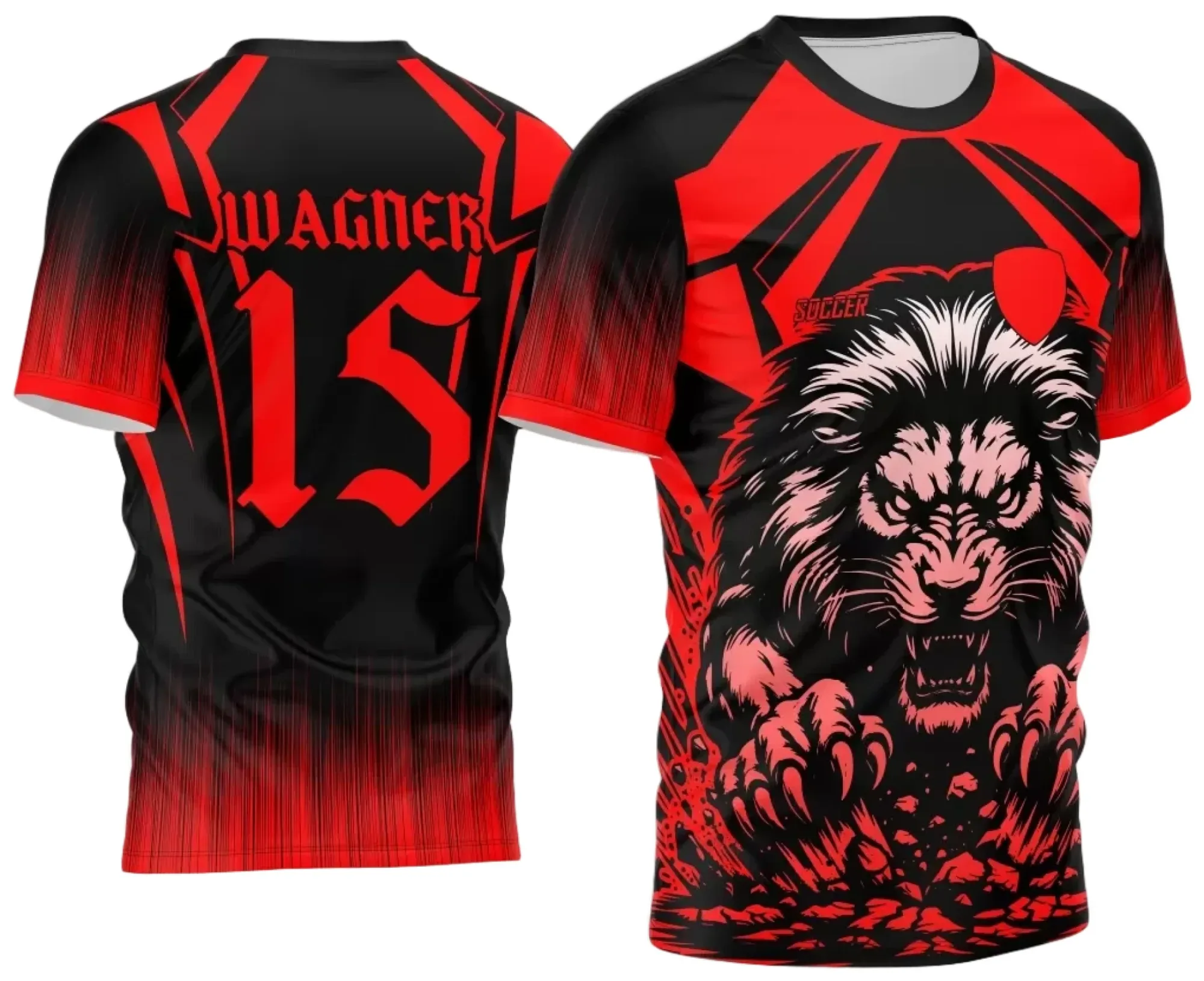 Camiseta unissex vermelha com logo no peito e estampa grande nas costas do leão Interclasse 2024, perfeita para eventos escolares e times, estilo marcante e moderno em tecido confortável.