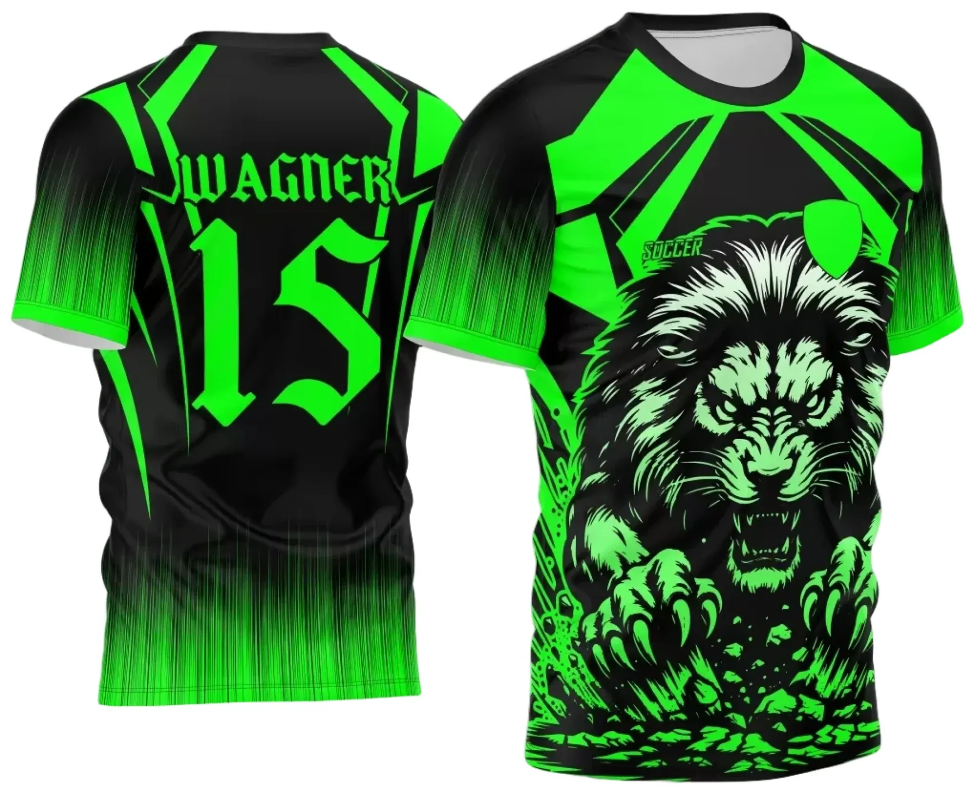 Camiseta unissex verde com logo no peito e estampa grande nas costas do Leão Interclasse 2024, mostrando design vibrante em foto clara, perfeita para torcida e eventos escolares.