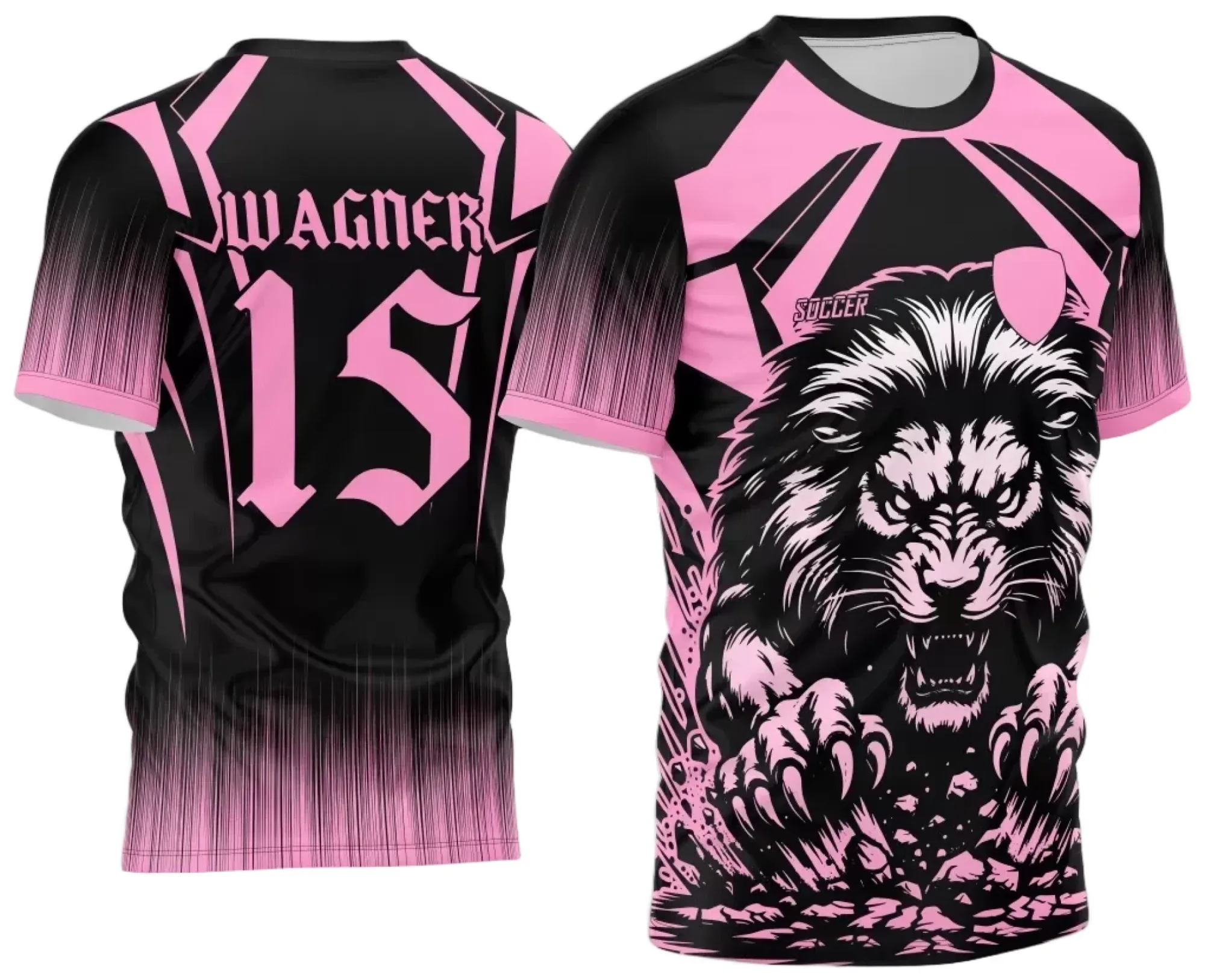 Camiseta unissex com cor base preta, logo no peito e estampa grande nas costas com tema Leão Interclasse 2024 em tom rosa vibrante.