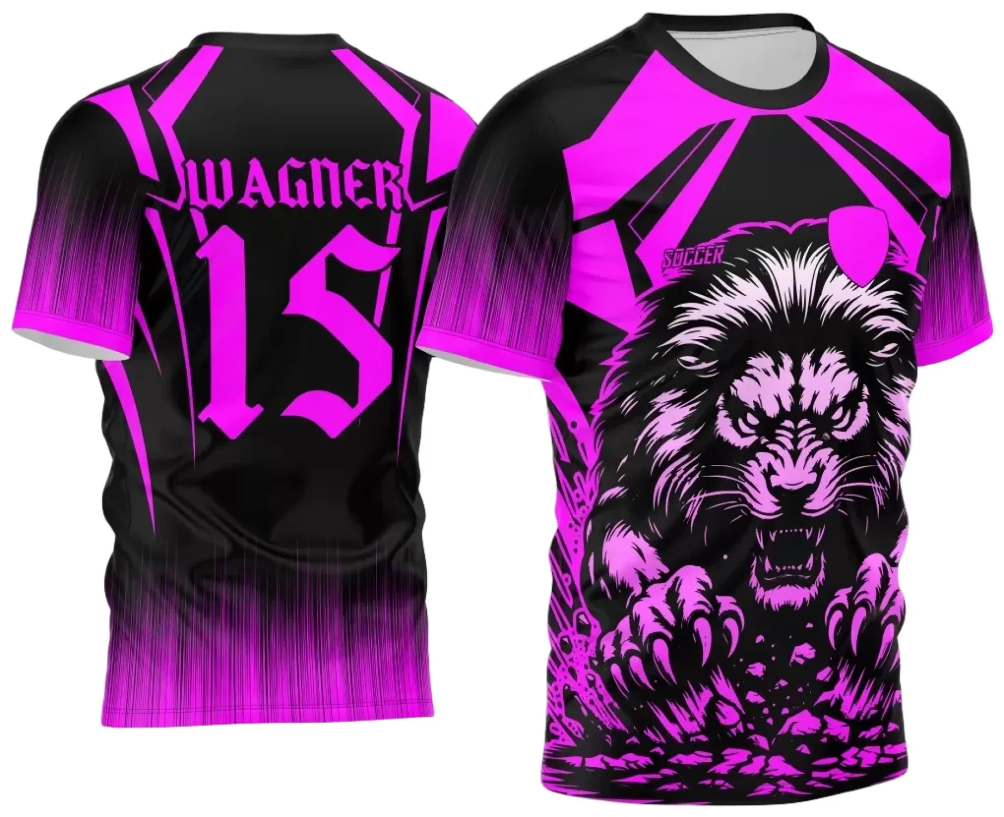 Camiseta unissex com cor base preta, logo no peito e estampa grande nas costas mostrando o tema Camisa Interclasse Leão 2024 Rosa Forte, estilo vibrante e marcante.