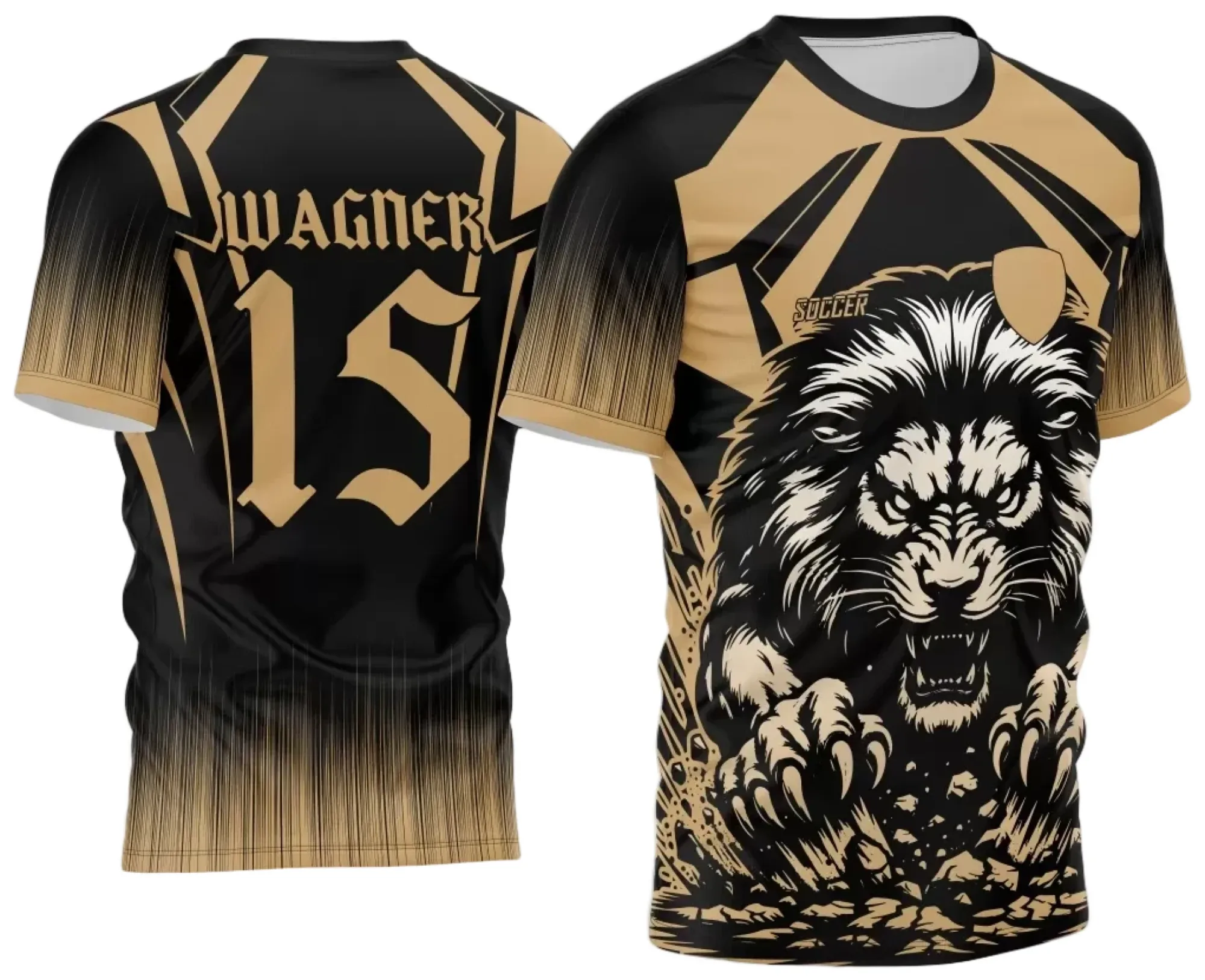 Camiseta unissex preta com logo no peito e estampa grande nas costas mostrando um leão dourado estilizado para o Interclasse 2024, perfeita para quem busca destaque e elegância.