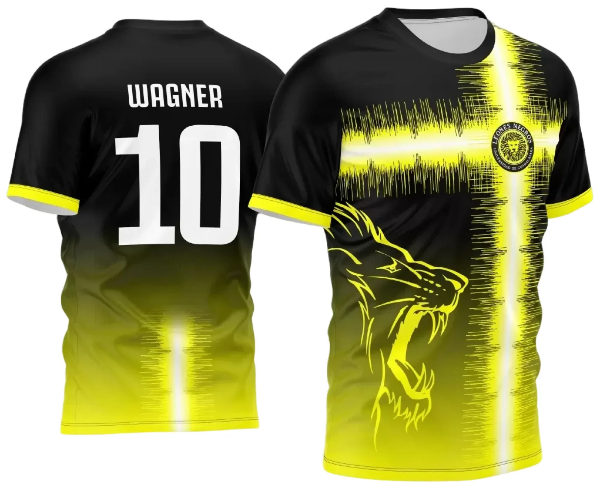 Camiseta unissex preta com logo no peito e estampa grande nas costas do Camisa Interclasse Leão 2024 Amarela modelo 2, estilo moderno e vibrante, perfeita para eventos escolares e grupos.